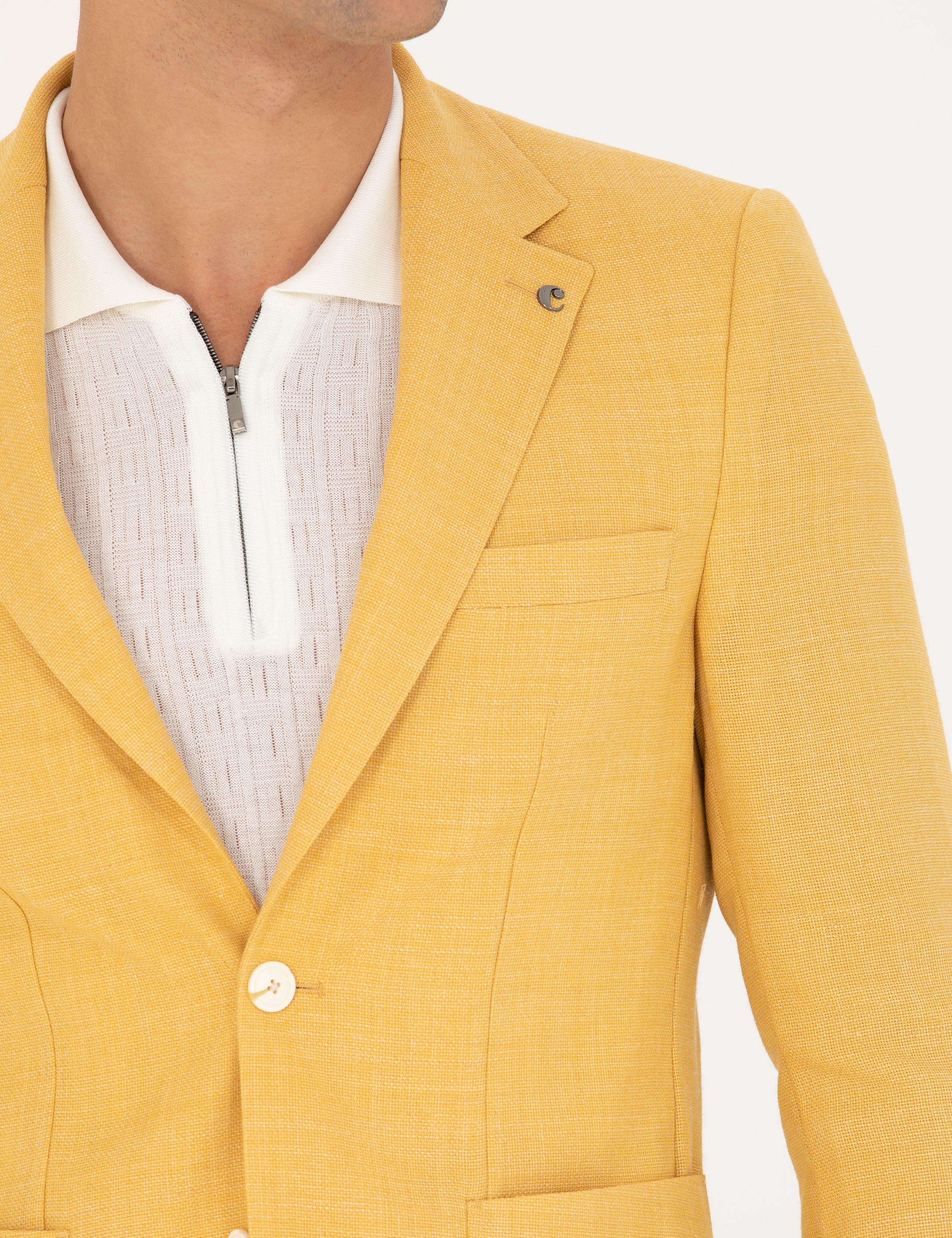 Sarı Slim Fit Yün Keten Karışımlı Ceket - 50264777071