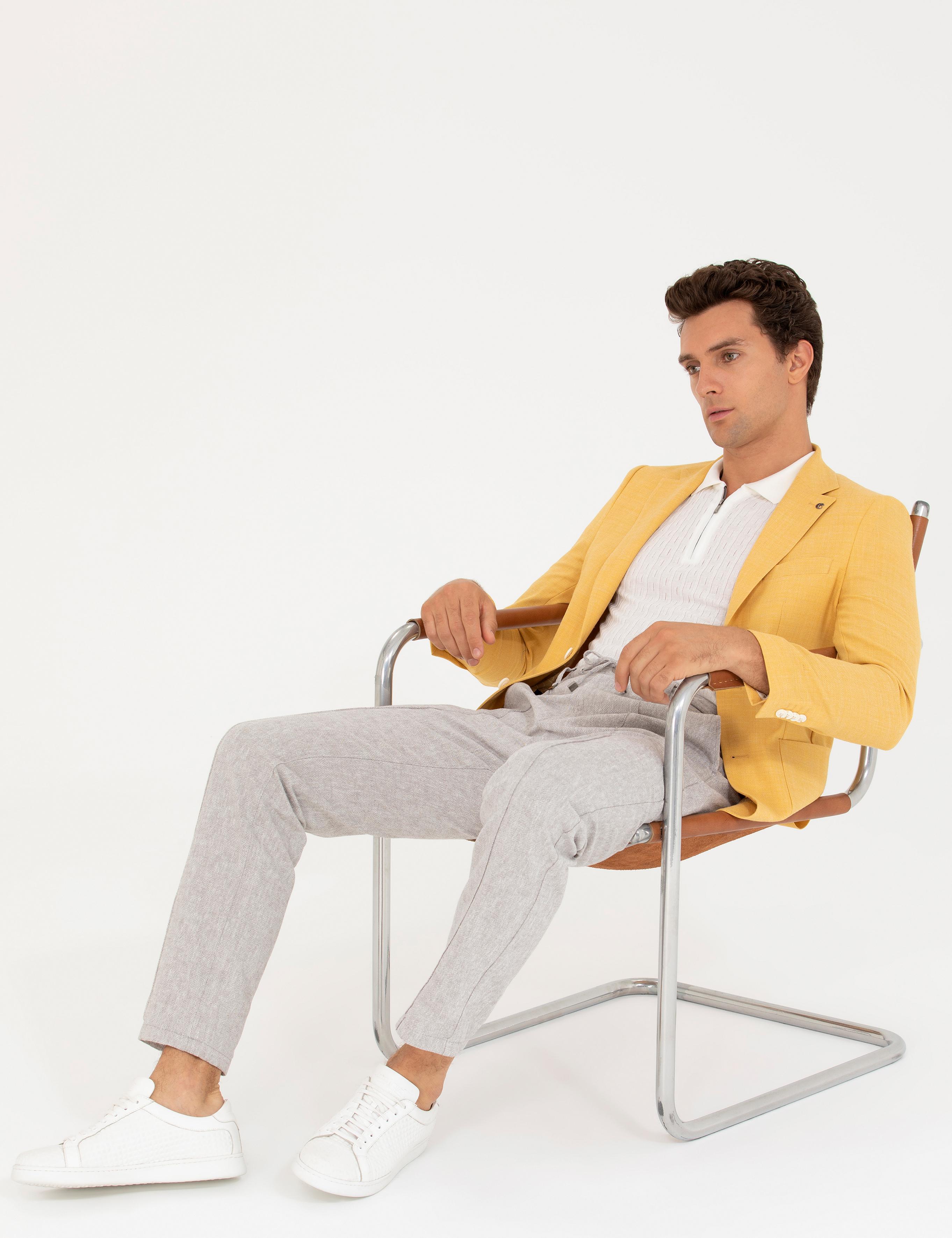 Sarı Slim Fit Yün Keten Karışımlı Ceket - 50264777071