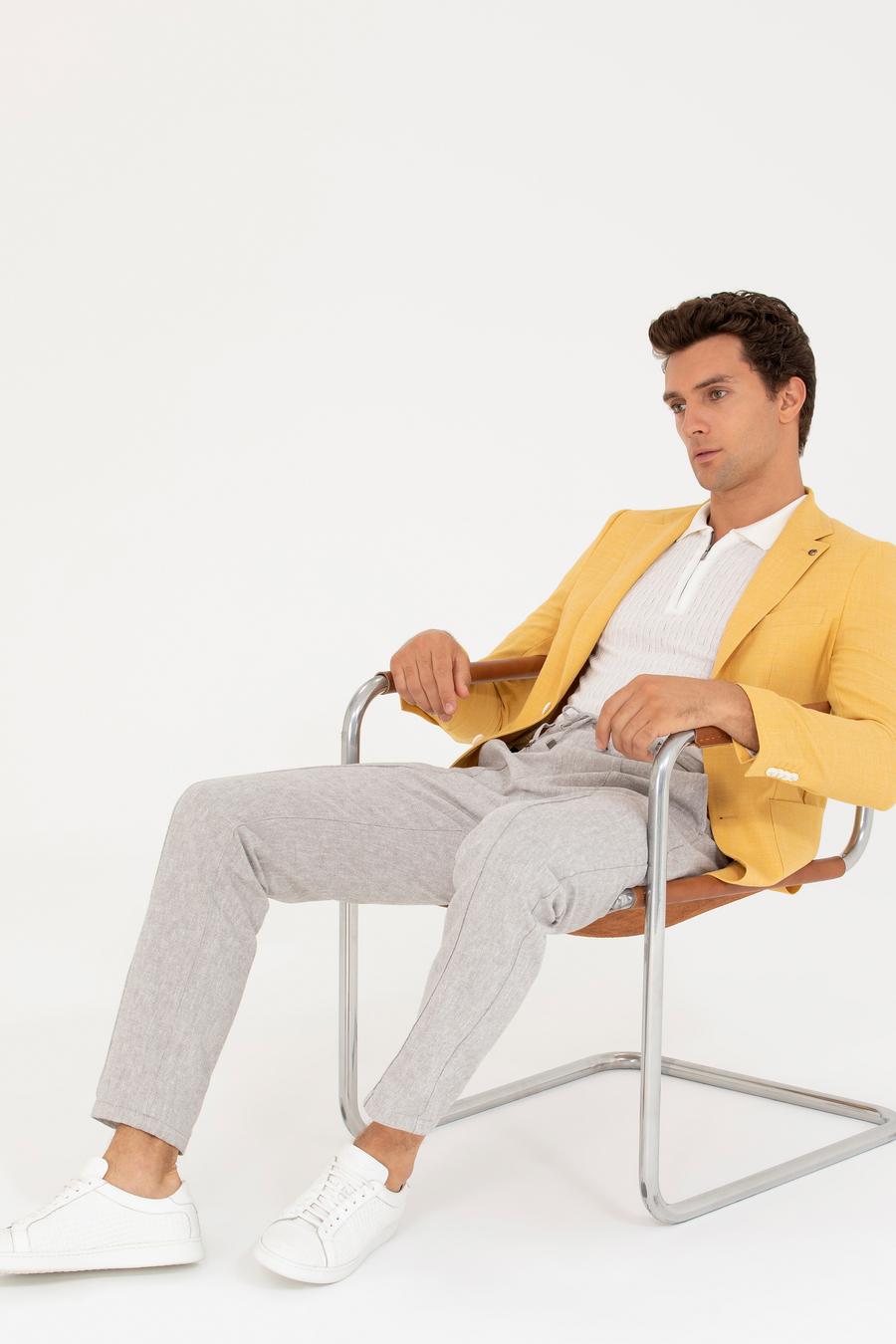 Sarı Slim Fit Yün Keten Karışımlı Ceket - 50264777071