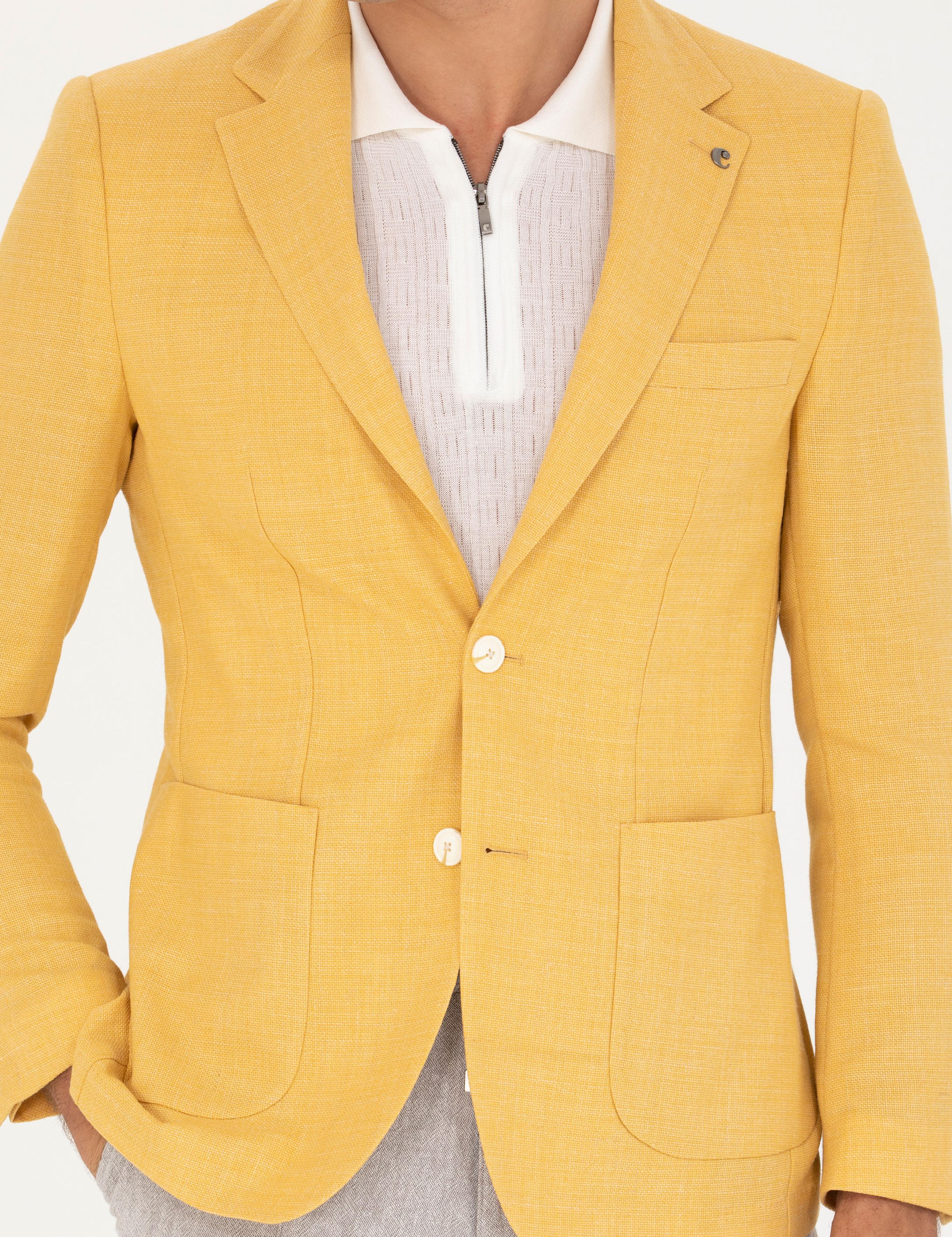 Sarı Slim Fit Yün Keten Karışımlı Ceket - 50264777071