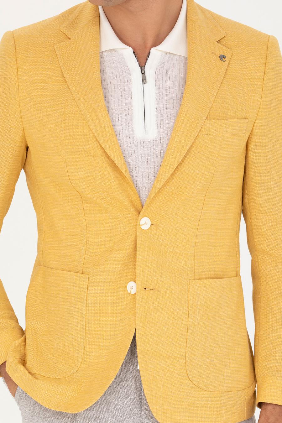 Sarı Slim Fit Yün Keten Karışımlı Ceket - 50264777071