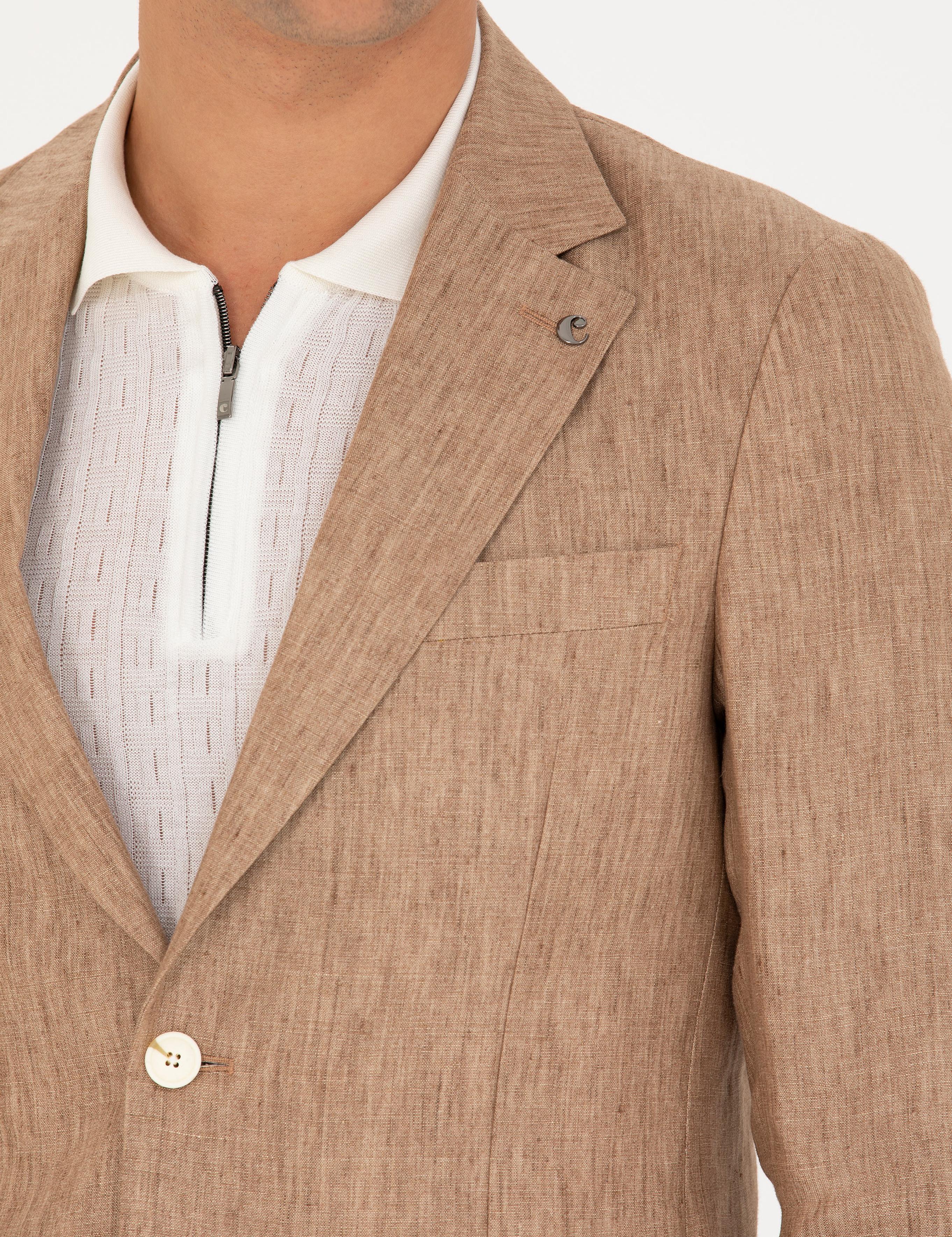 Kahverengi Slim Fit %100 Keten Ceket - 50268891038