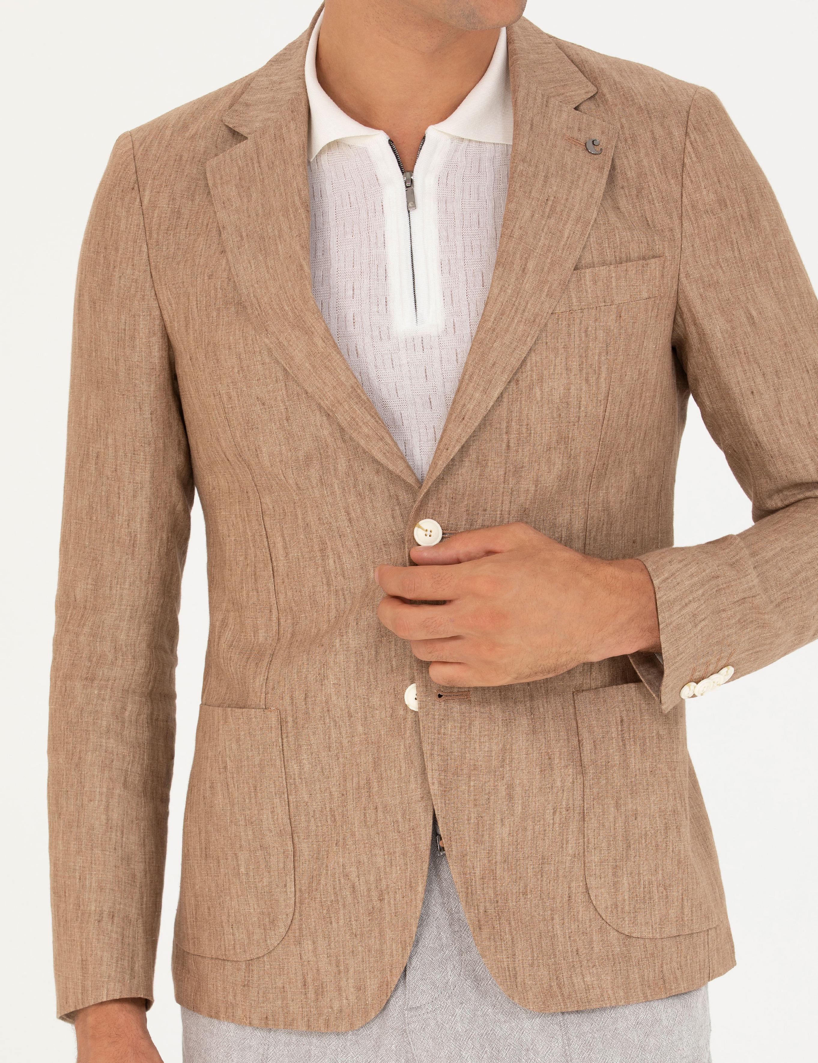 Kahverengi Slim Fit %100 Keten Ceket - 50268891038