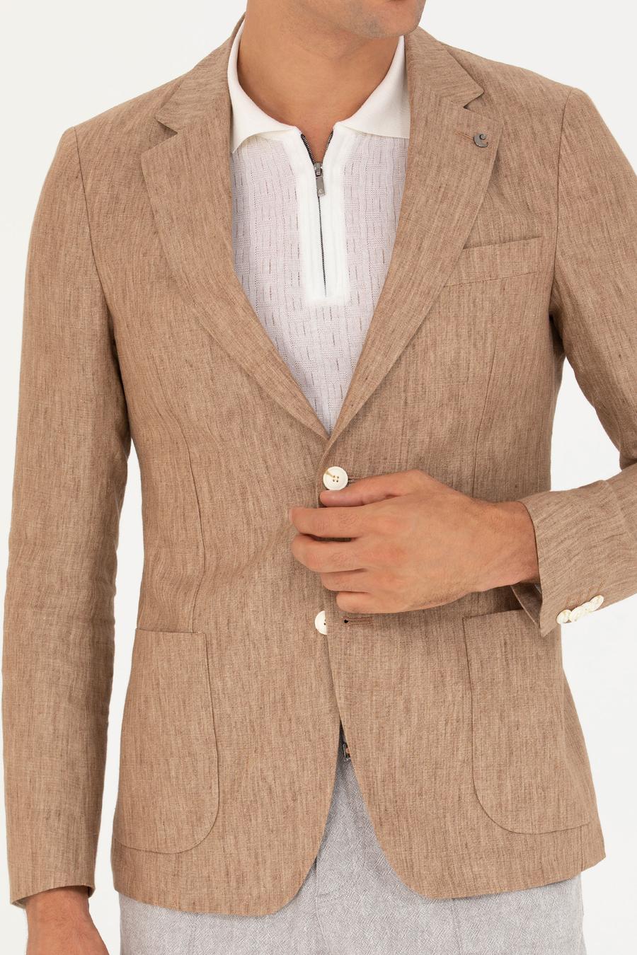 Kahverengi Slim Fit %100 Keten Ceket - 50268891038