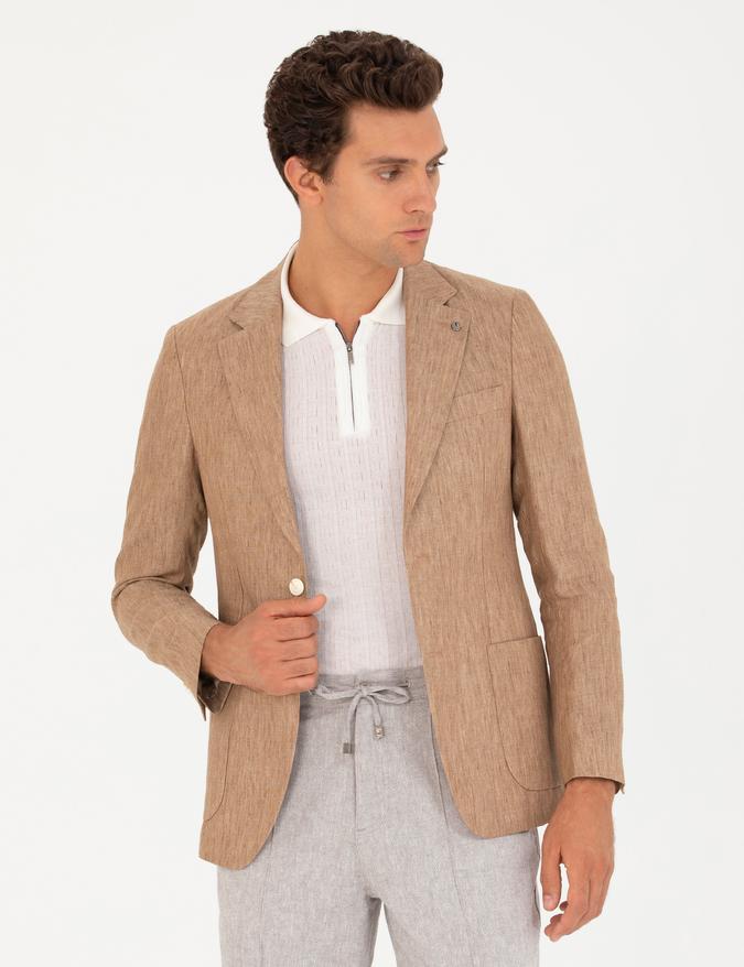 Kahverengi Slim Fit %100 Keten Ceket