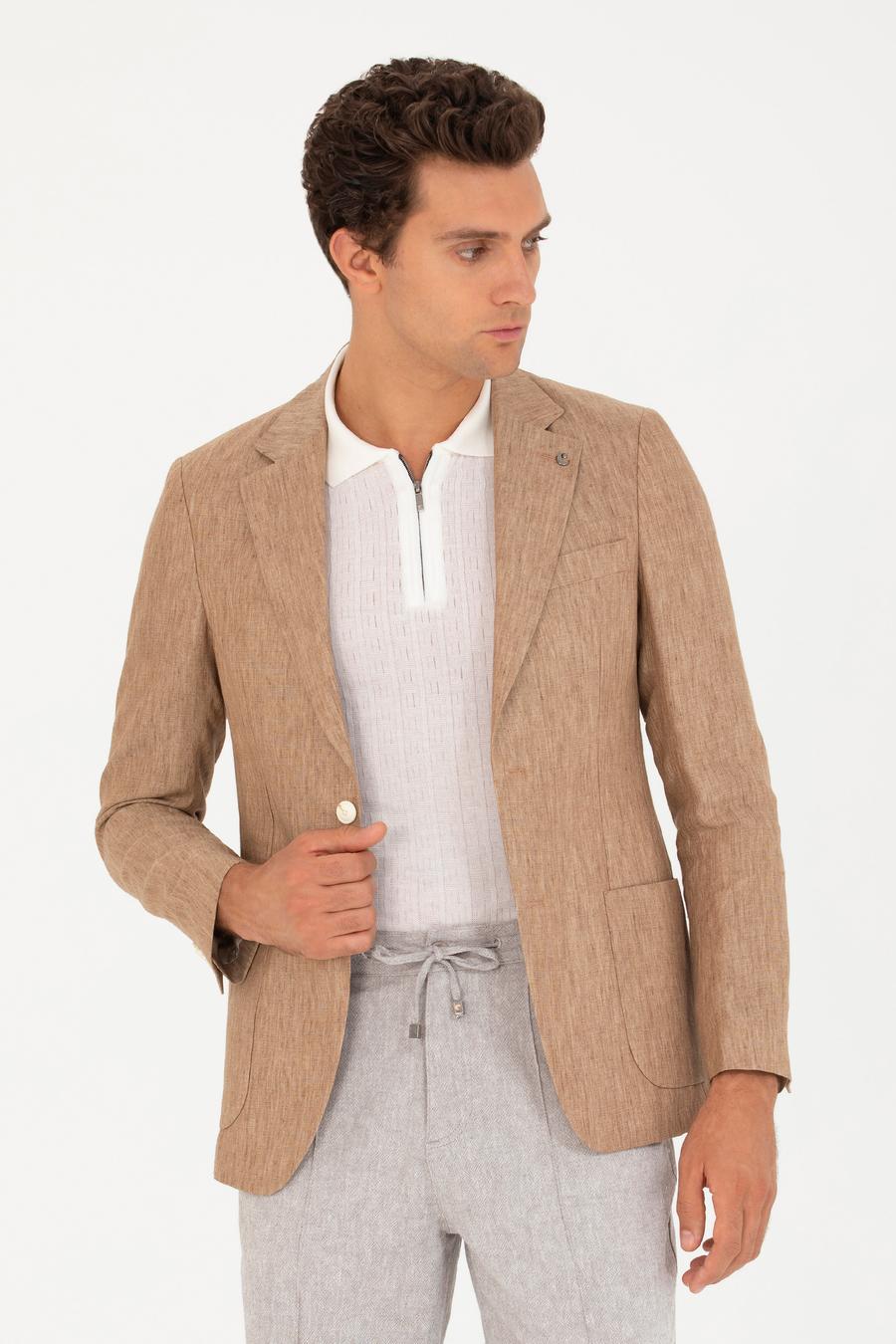 Kahverengi Slim Fit %100 Keten Ceket - 50268891038