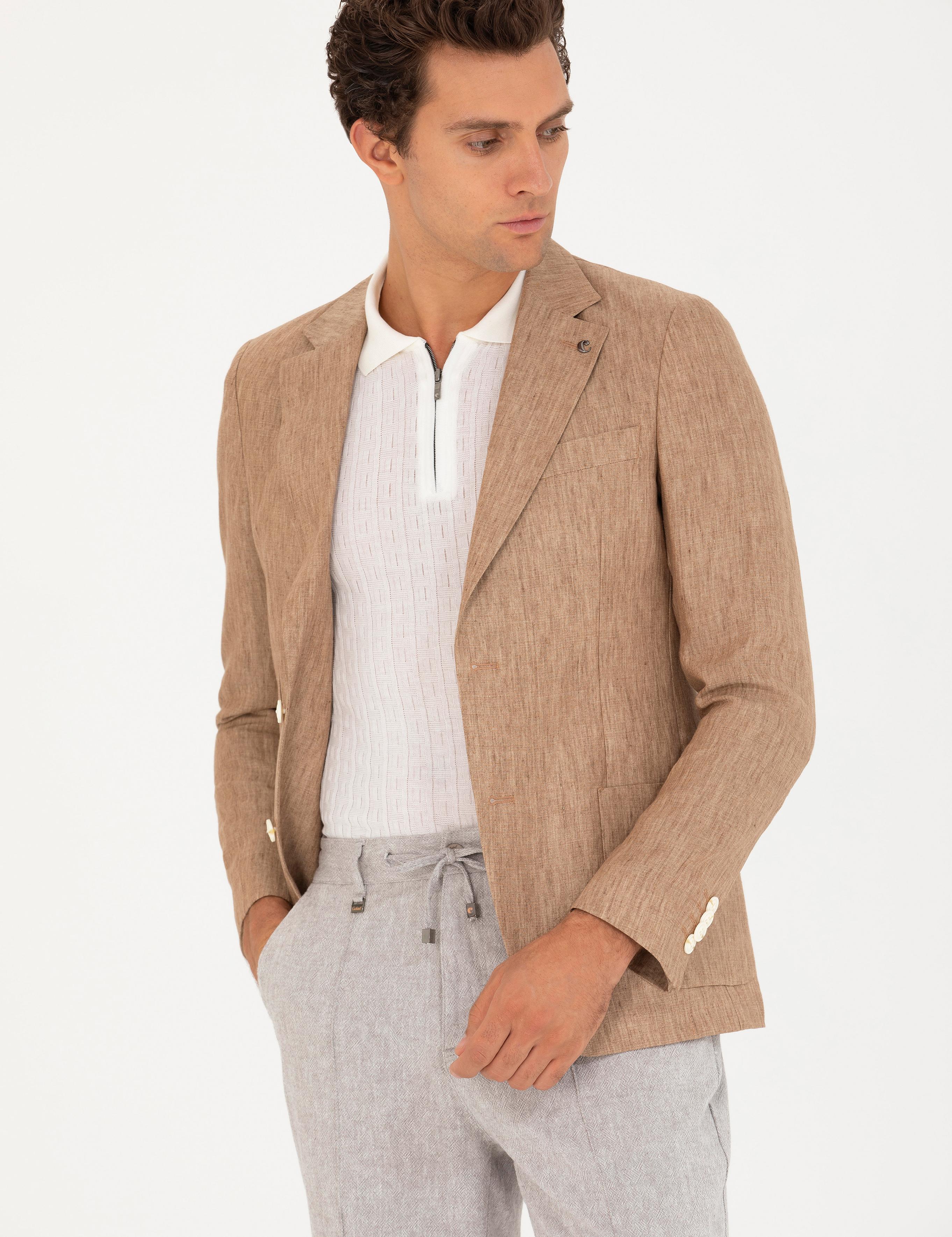 Kahverengi Slim Fit %100 Keten Ceket - 50268891038