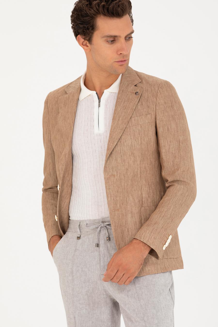 Kahverengi Slim Fit %100 Keten Ceket - 50268891038