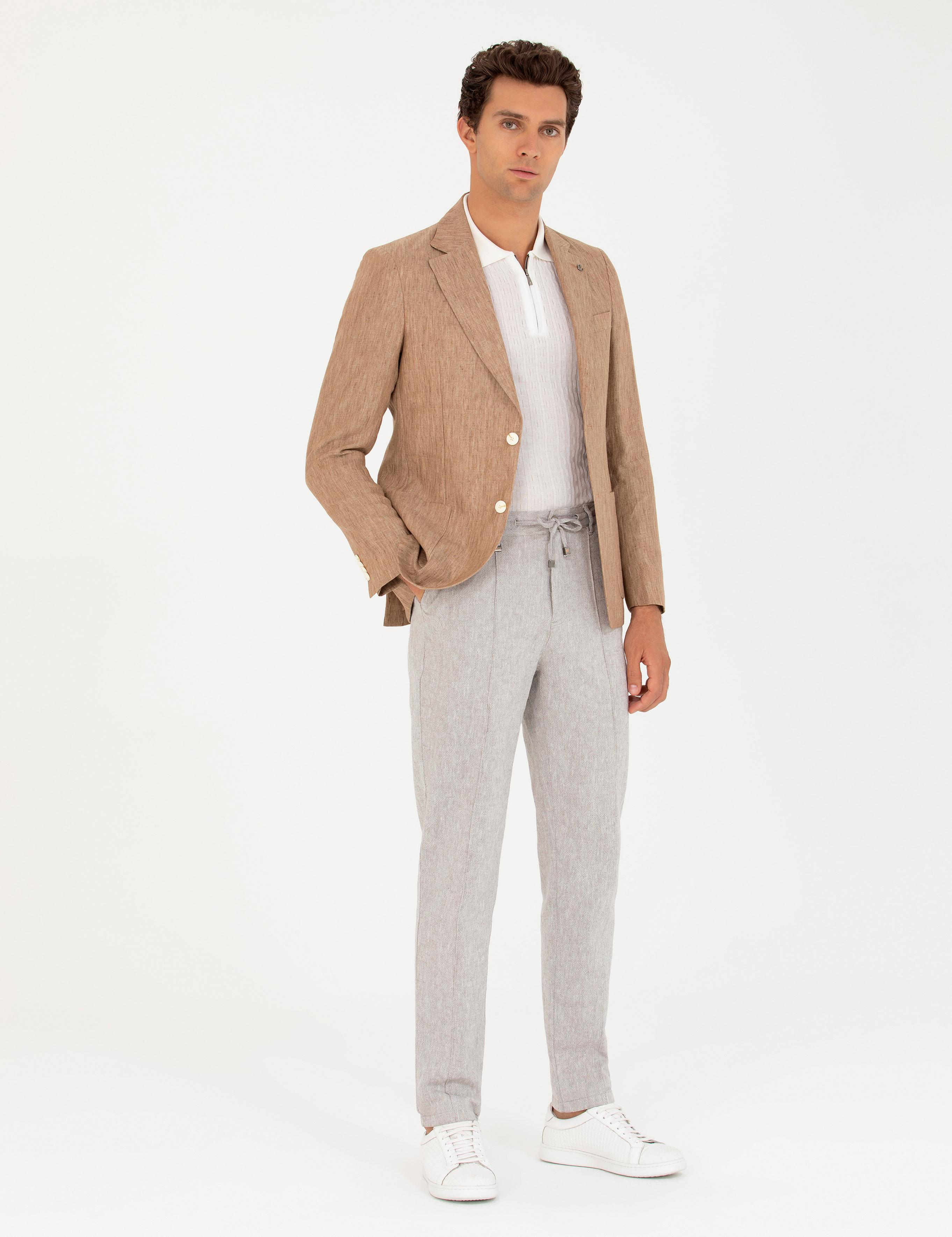 Kahverengi Slim Fit %100 Keten Ceket - 50268891038