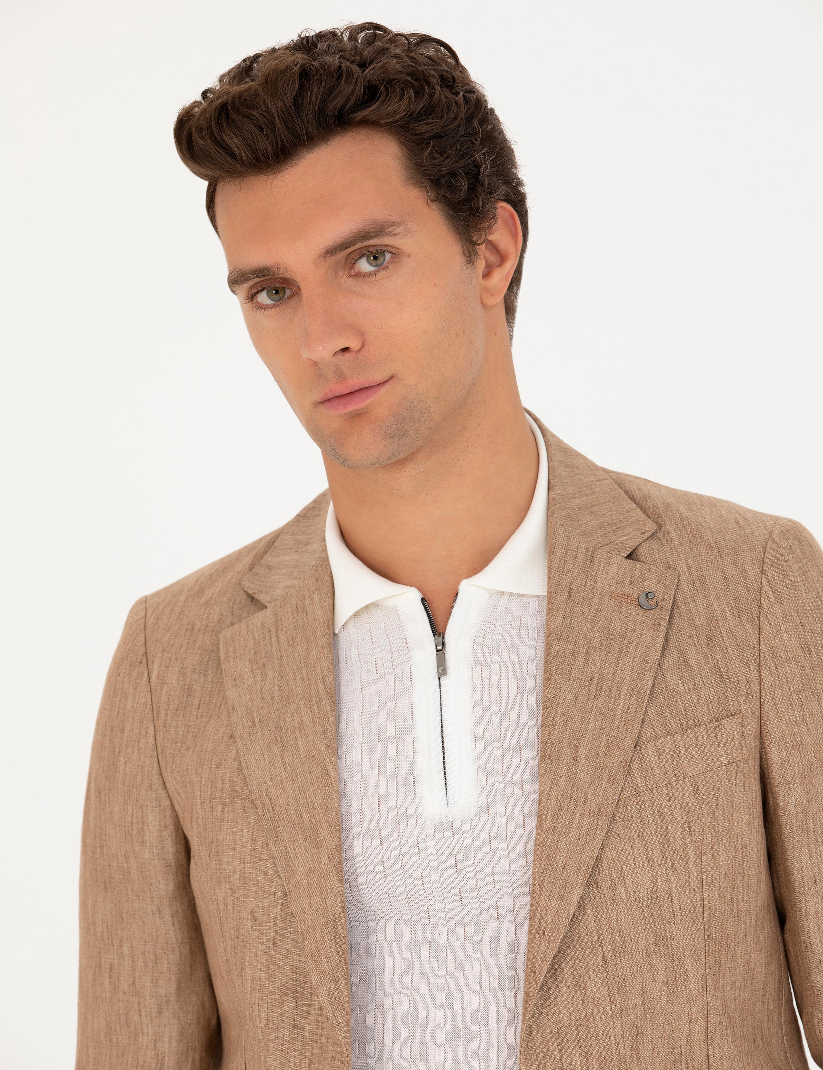 Kahverengi Slim Fit %100 Keten Ceket - 50268891038