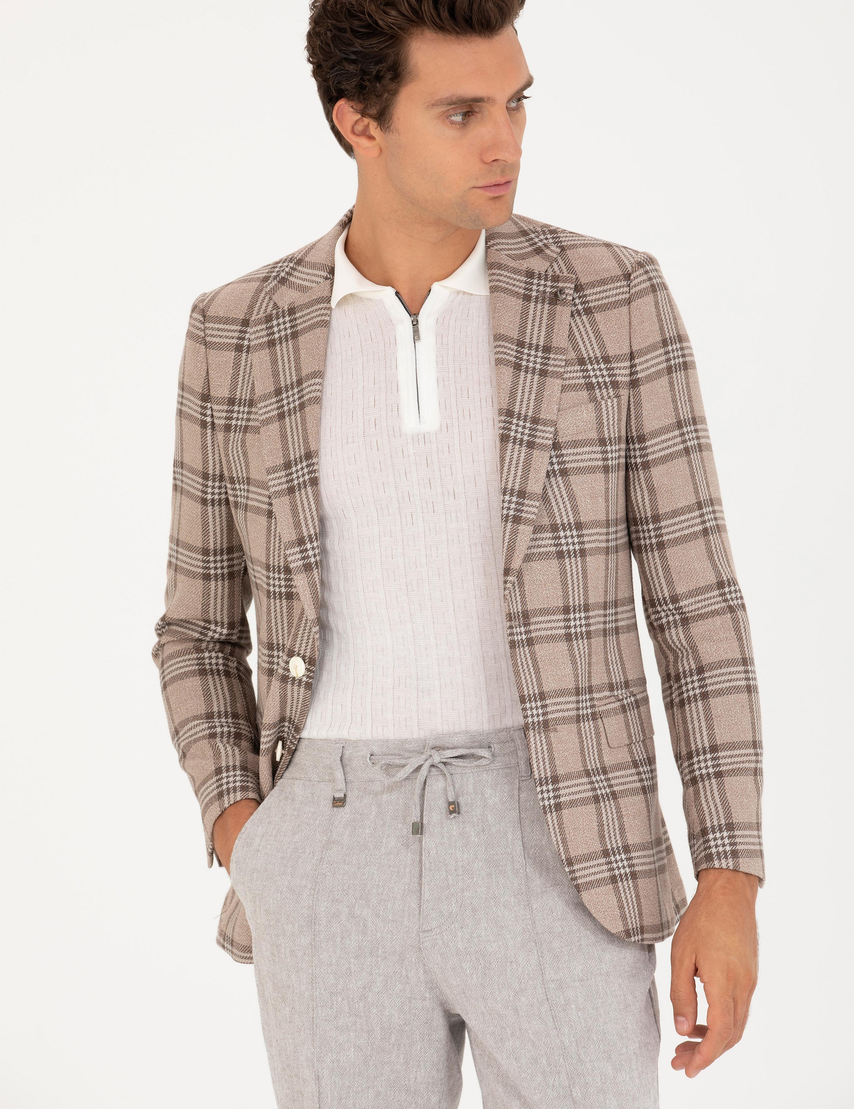 Kahverengi Slim Fit Keten Karışımlı Ceket - 50264760038