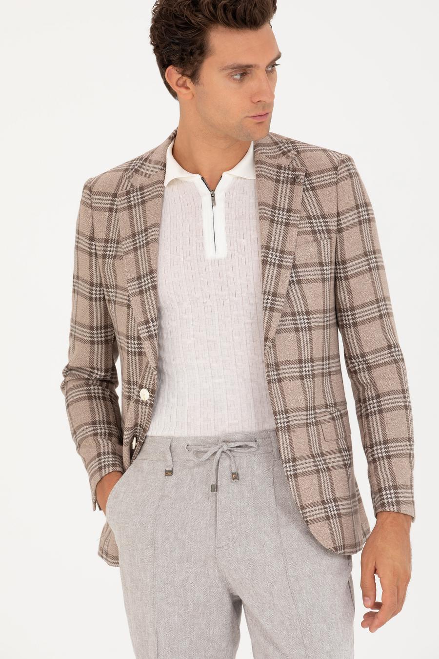 Kahverengi Slim Fit Keten Karışımlı Ceket - 50264760038