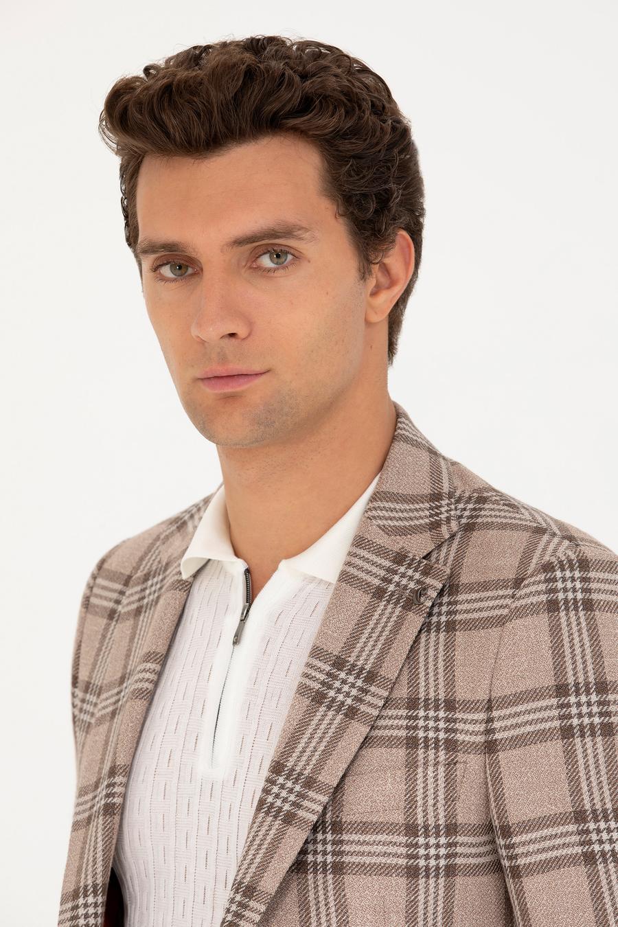 Kahverengi Slim Fit Keten Karışımlı Ceket - 50264760038