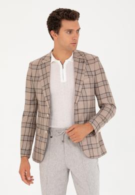 Kahverengi Slim Fit Keten Karışımlı Ceket