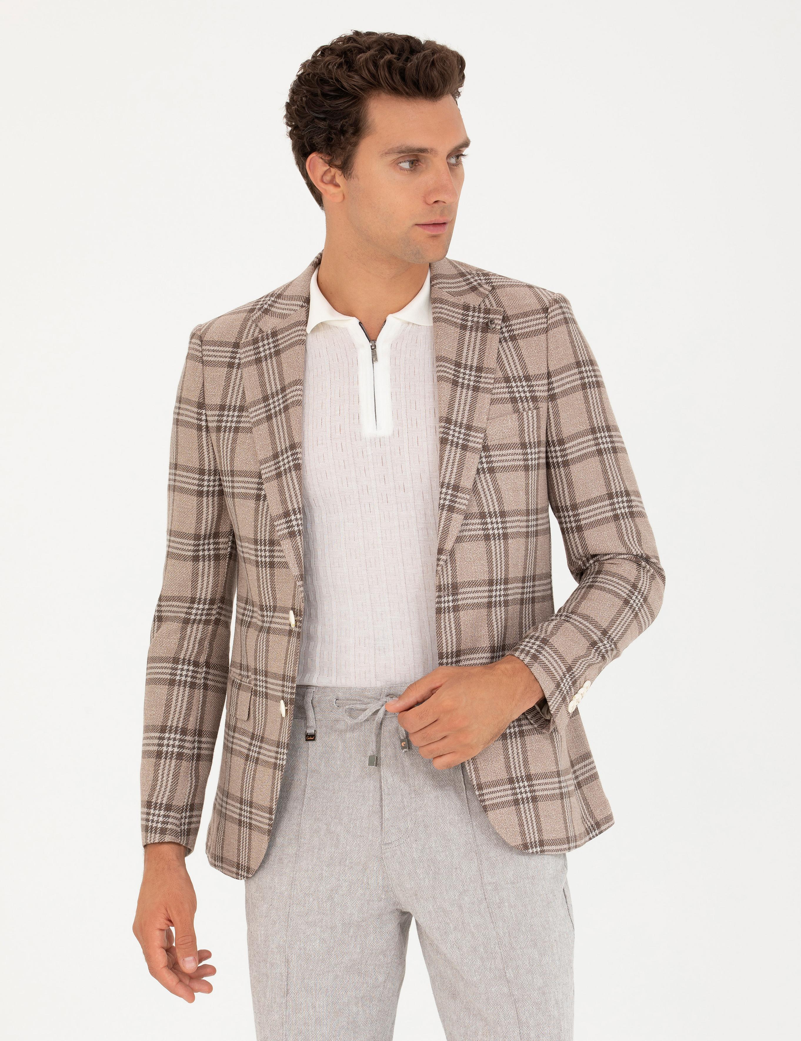 Kahverengi Slim Fit Keten Karışımlı Ceket - 50264760038