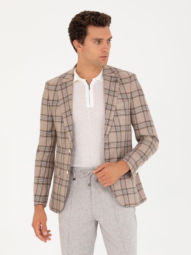 Kahverengi Slim Fit Keten Karışımlı Ceket