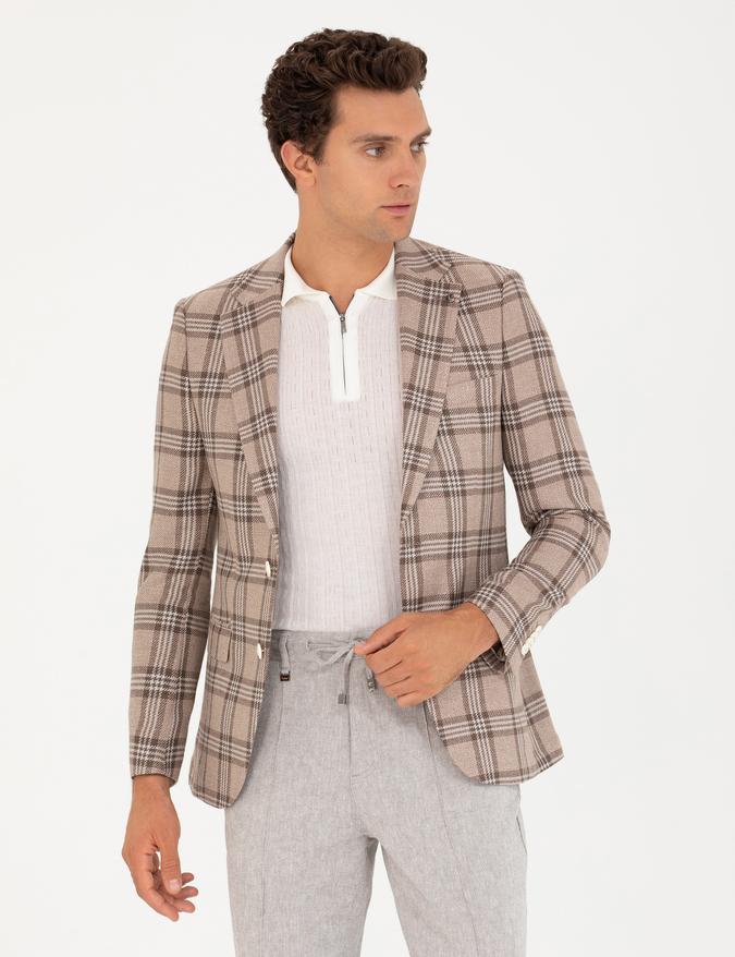 Kahverengi Slim Fit Keten Karışımlı Ceket