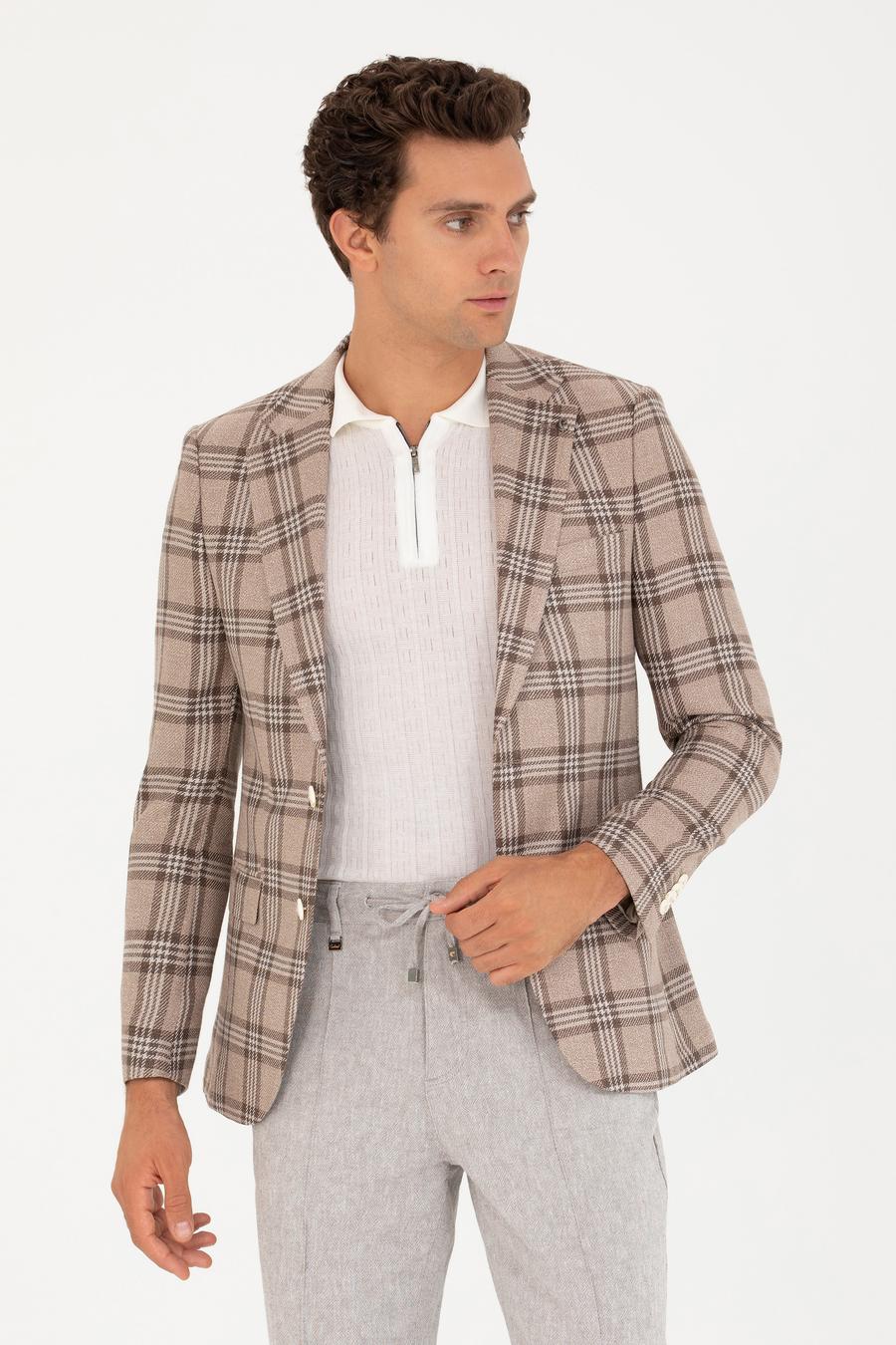 Kahverengi Slim Fit Keten Karışımlı Ceket - 50264760038