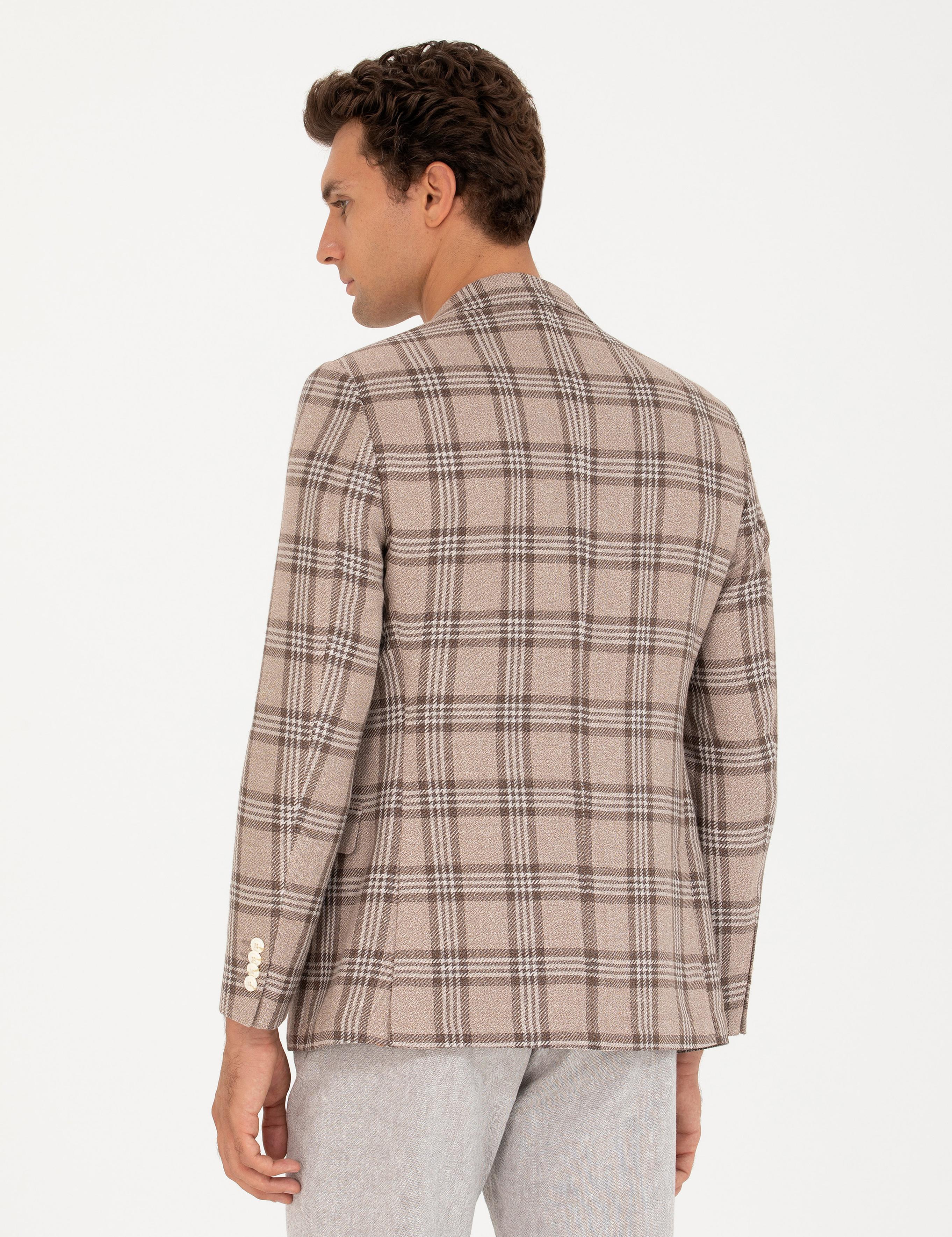 Kahverengi Slim Fit Keten Karışımlı Ceket - 50264760038
