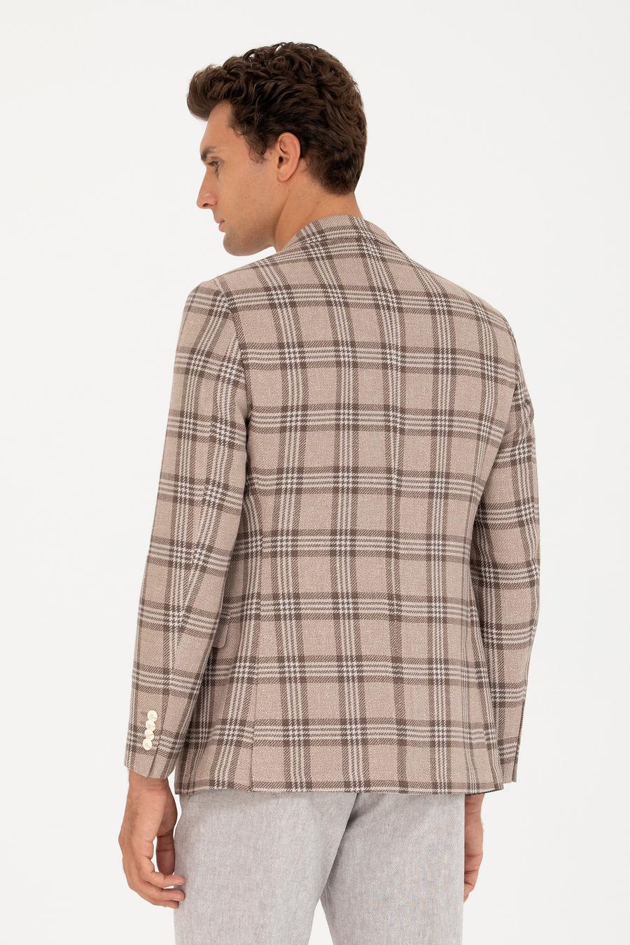 Kahverengi Slim Fit Keten Karışımlı Ceket - 50264760038