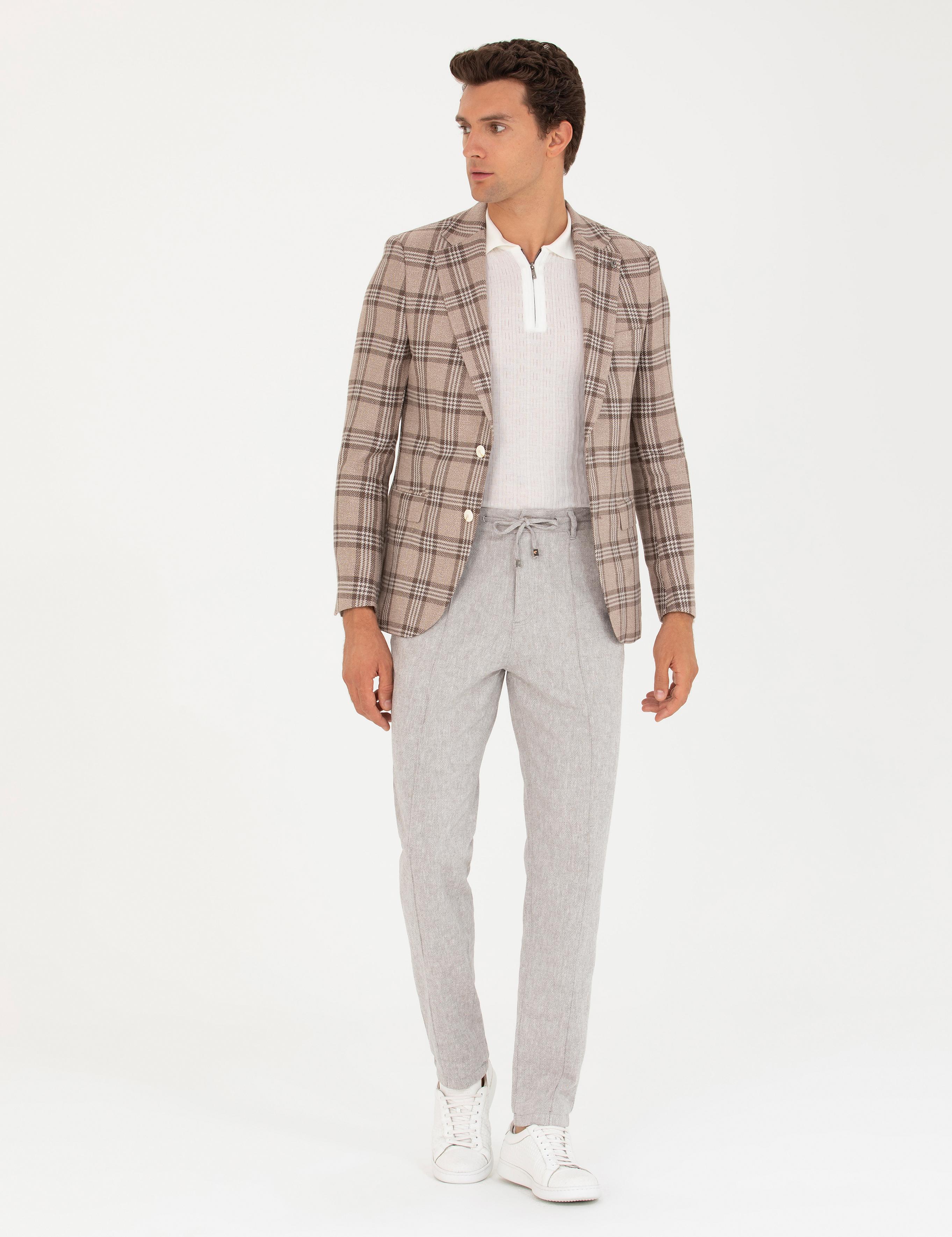 Kahverengi Slim Fit Keten Karışımlı Ceket - 50264760038