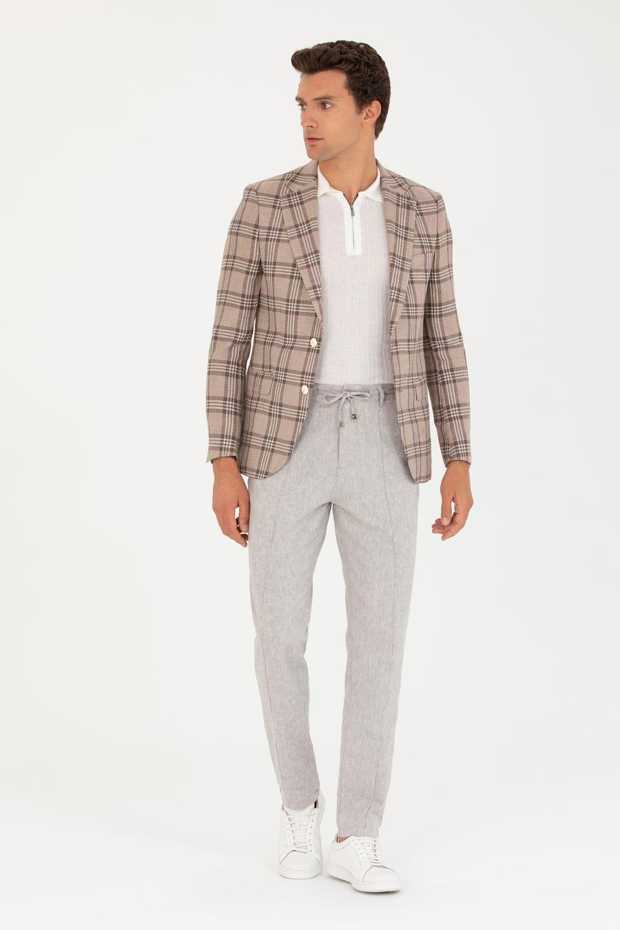 Kahverengi Slim Fit Keten Karışımlı Ceket - 50264760038