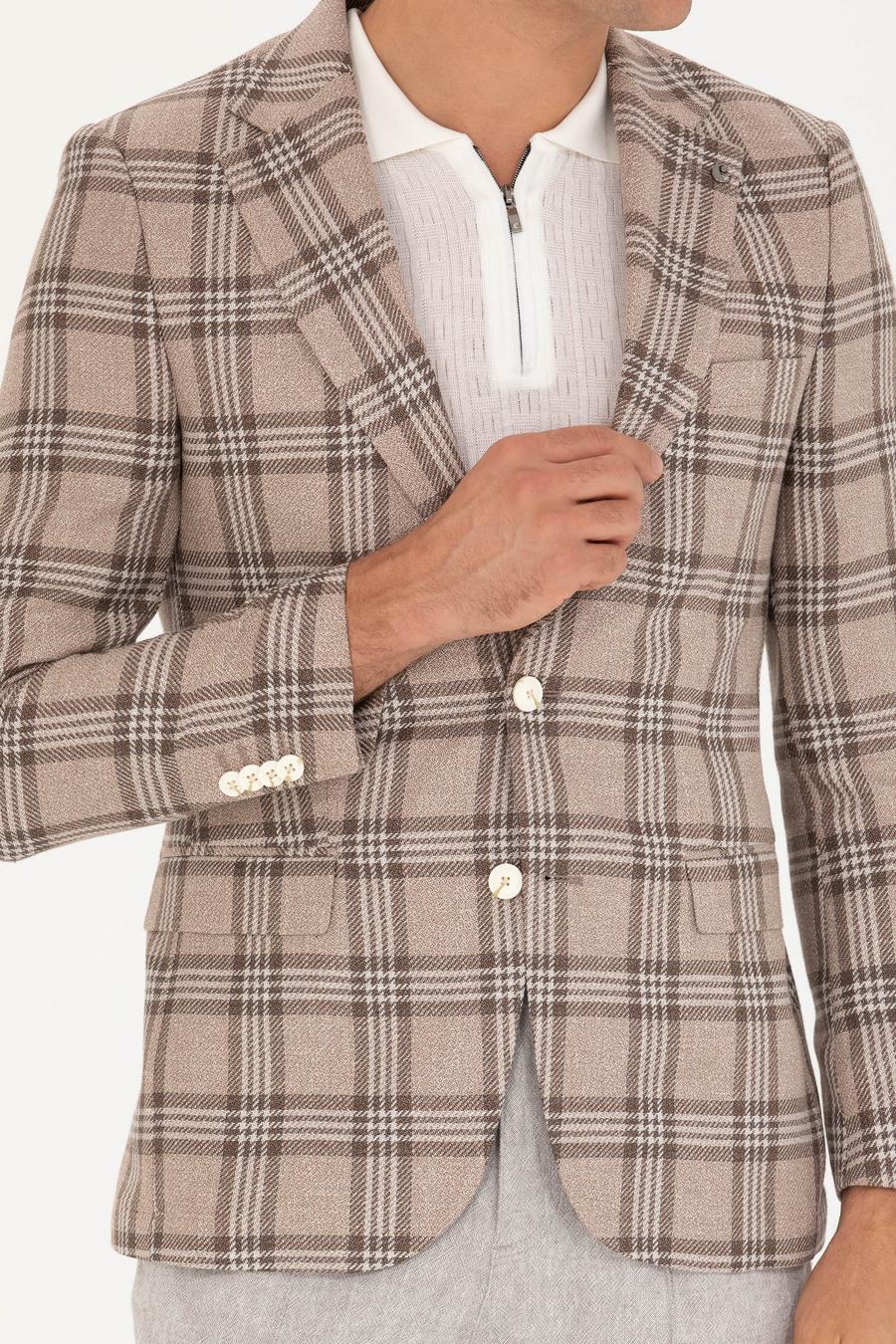 Kahverengi Slim Fit Keten Karışımlı Ceket - 50264760038