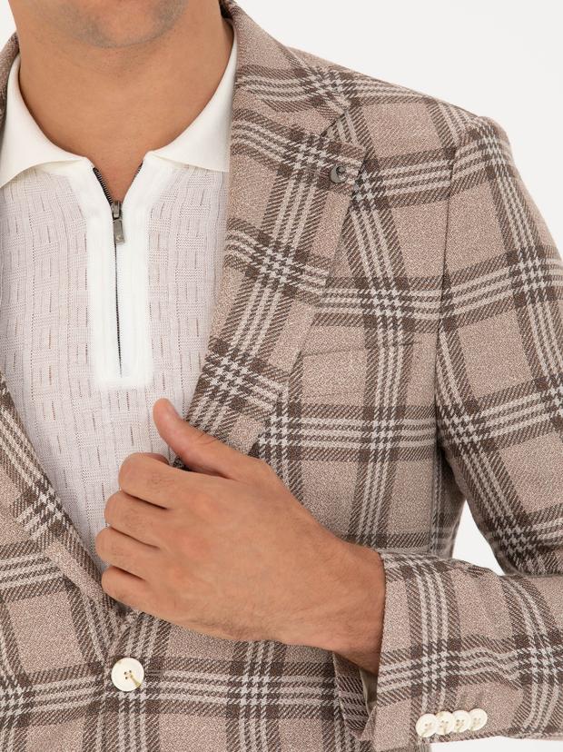 Kahverengi Slim Fit Keten Karışımlı Ceket