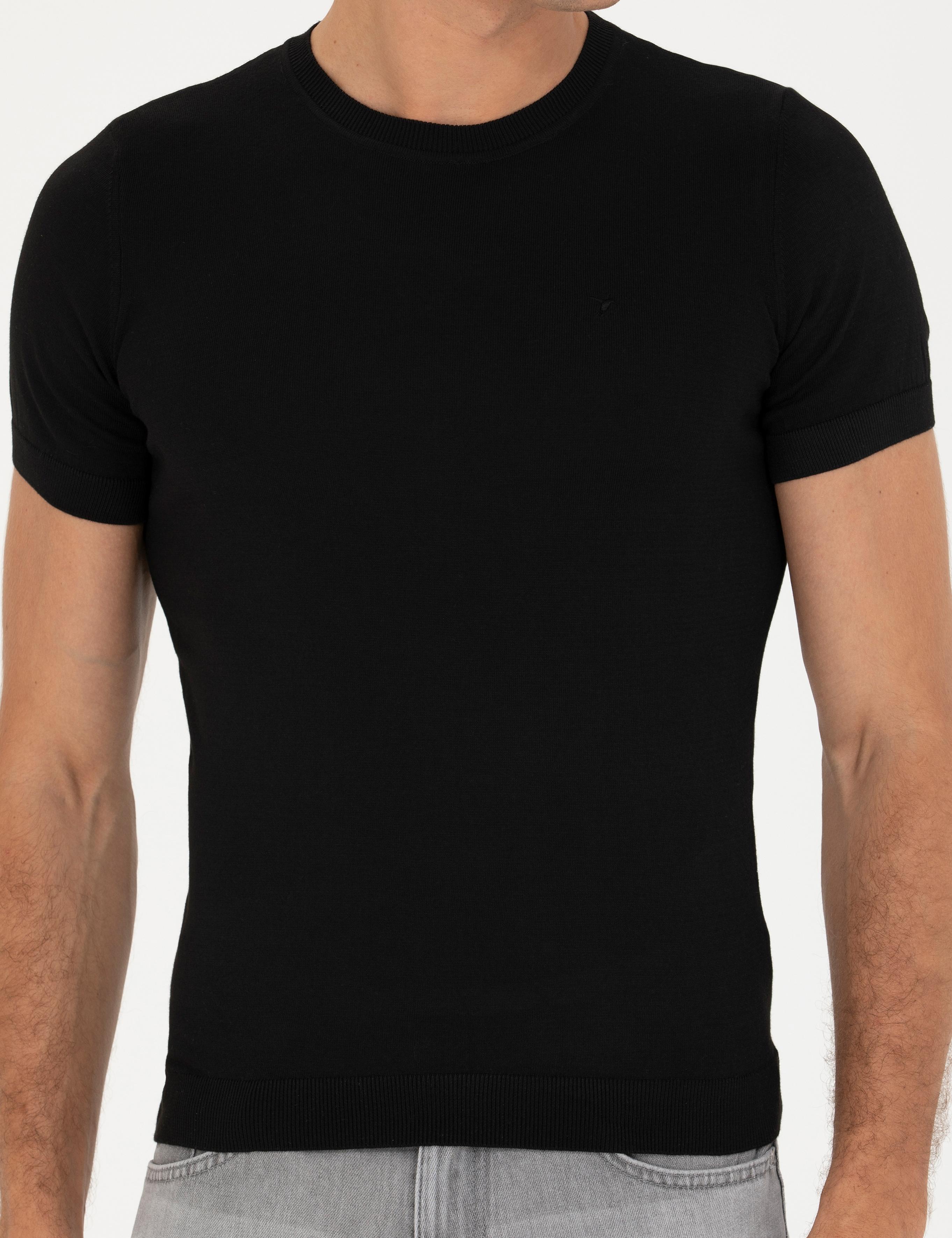 Siyah Slim Fit Bisiklet Yaka Triko T-Shirt - 50267842045