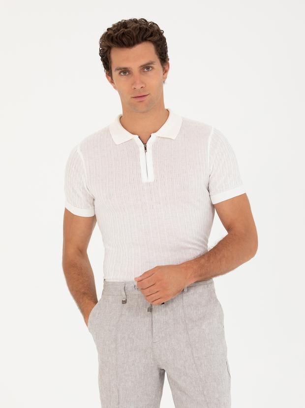 Beyaz Slim Fit Polo Yaka Triko T-Shirt