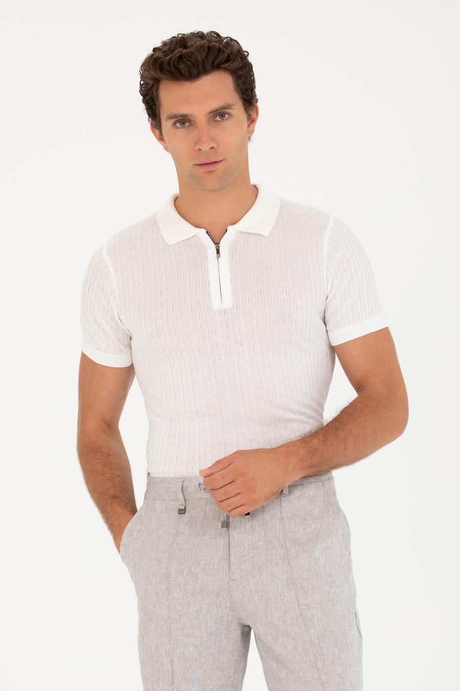 Beyaz Slim Fit Polo Yaka Triko T-Shirt - 50265894010