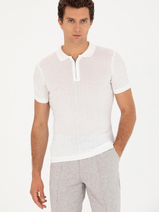 Beyaz Slim Fit Polo Yaka Triko T-Shirt