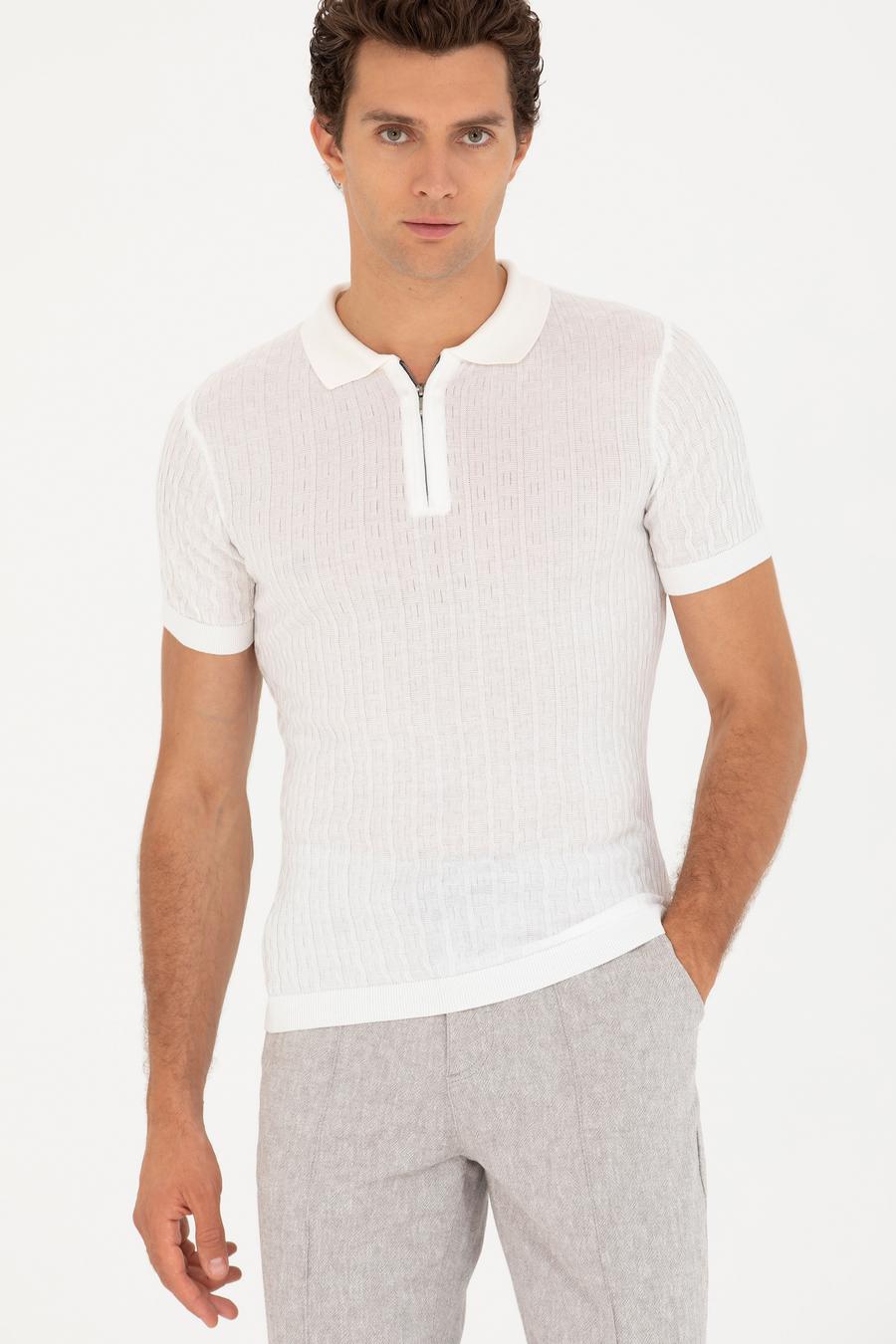 Beyaz Slim Fit Polo Yaka Triko T-Shirt - 50265894010