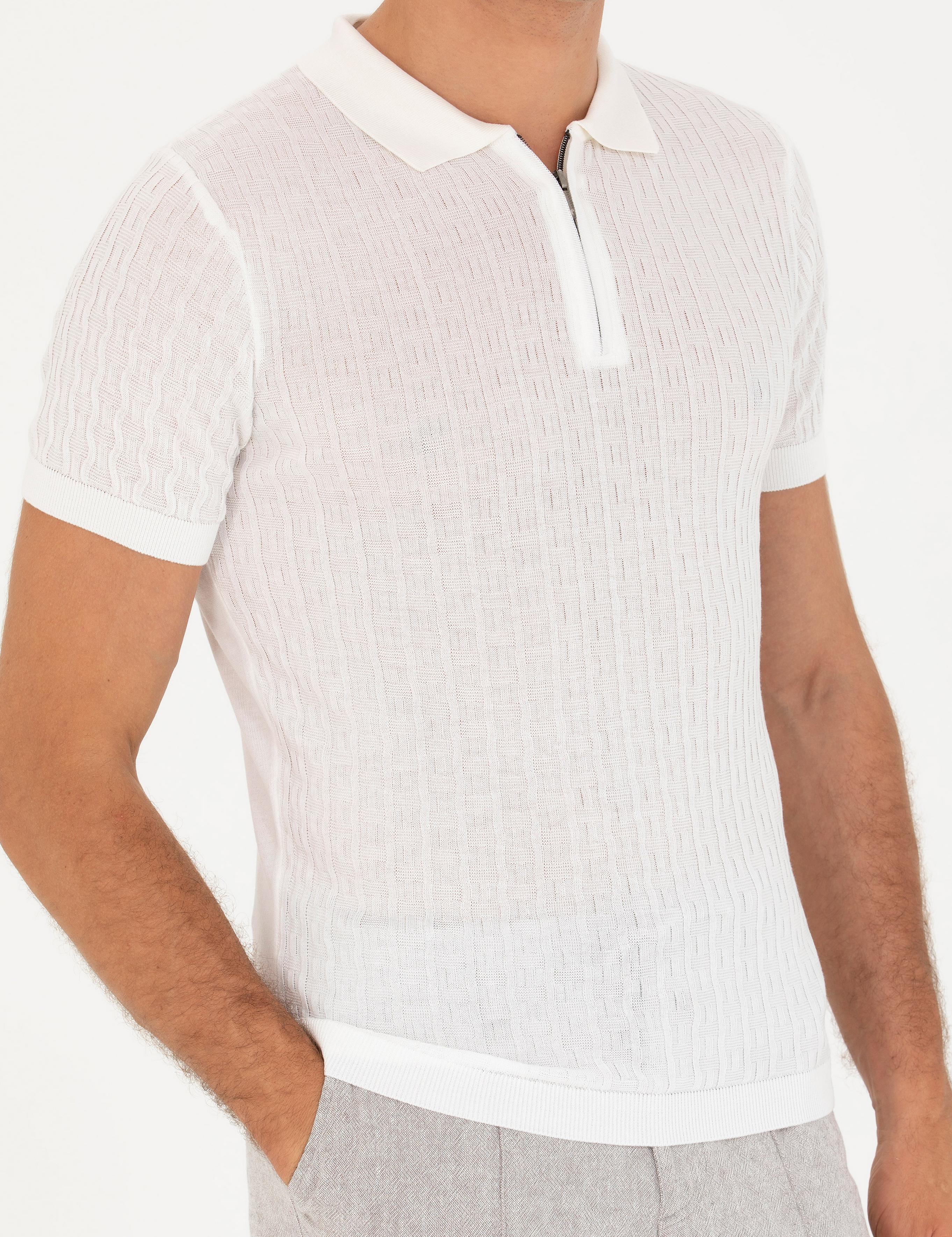 Beyaz Slim Fit Polo Yaka Triko T-Shirt - 50265894010