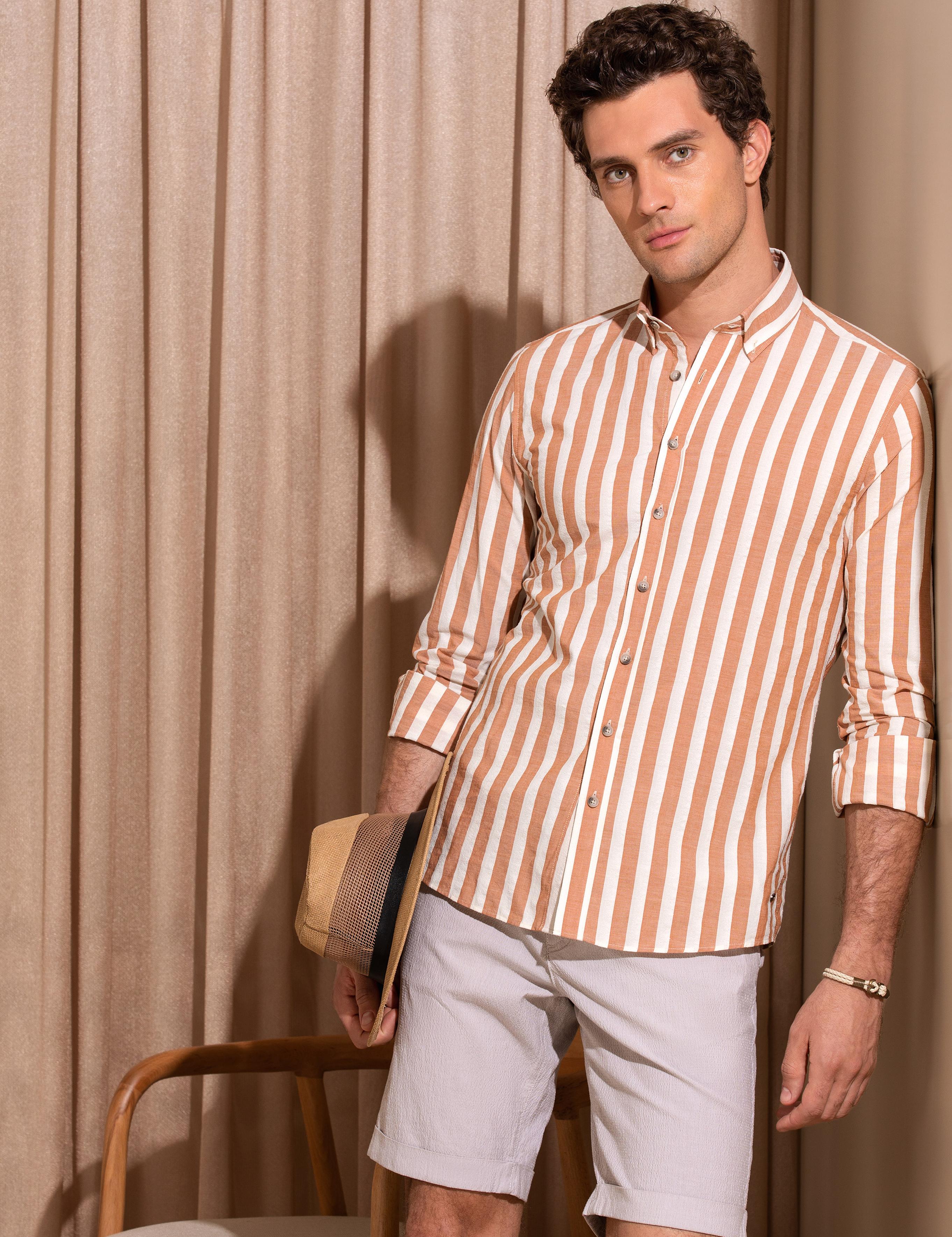 Kiremit Slim Fit Uzun Kollu Çizgili Gömlek - 50265483074