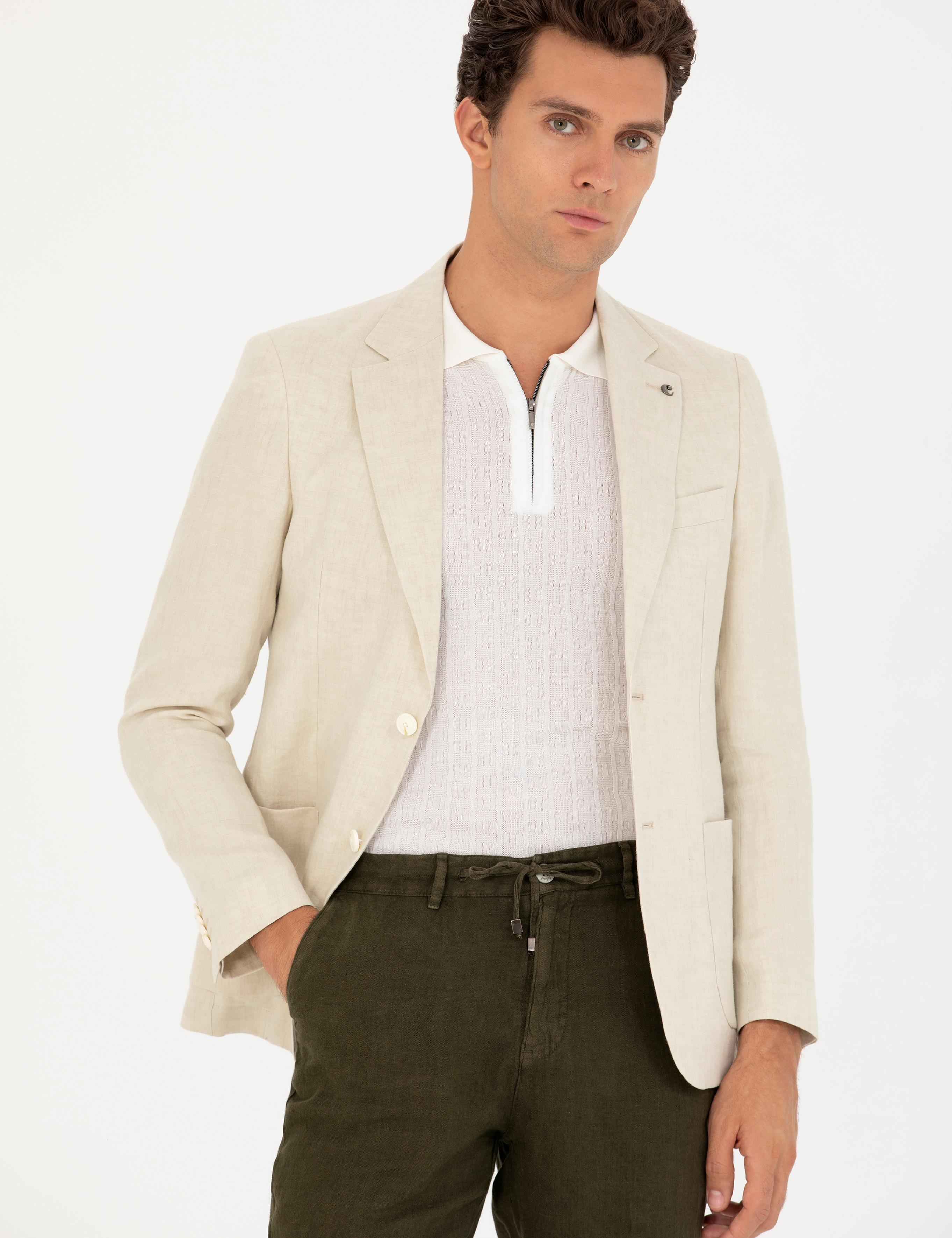 Bej Slim Fit %100 Keten Ceket - 50268891005