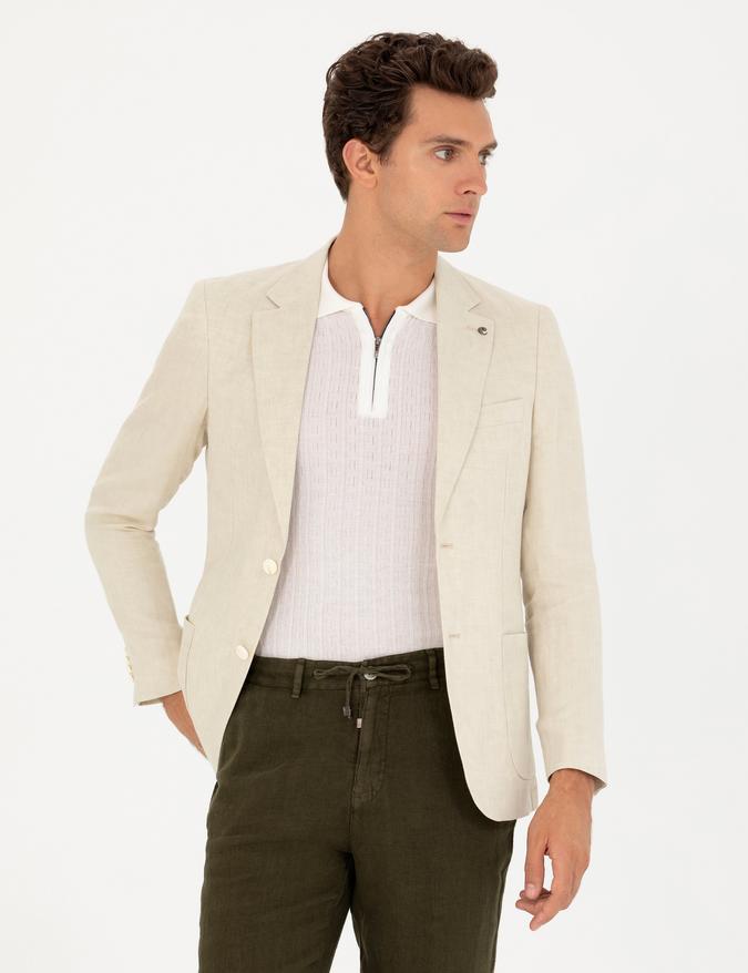 Bej Slim Fit %100 Keten Ceket