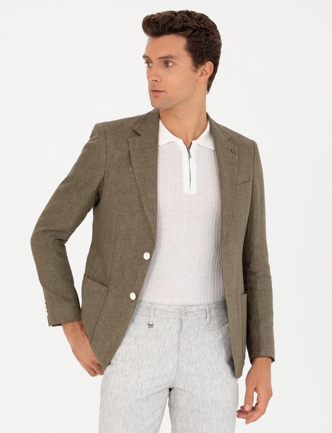 Haki Slim Fit %100 Keten Ceket
