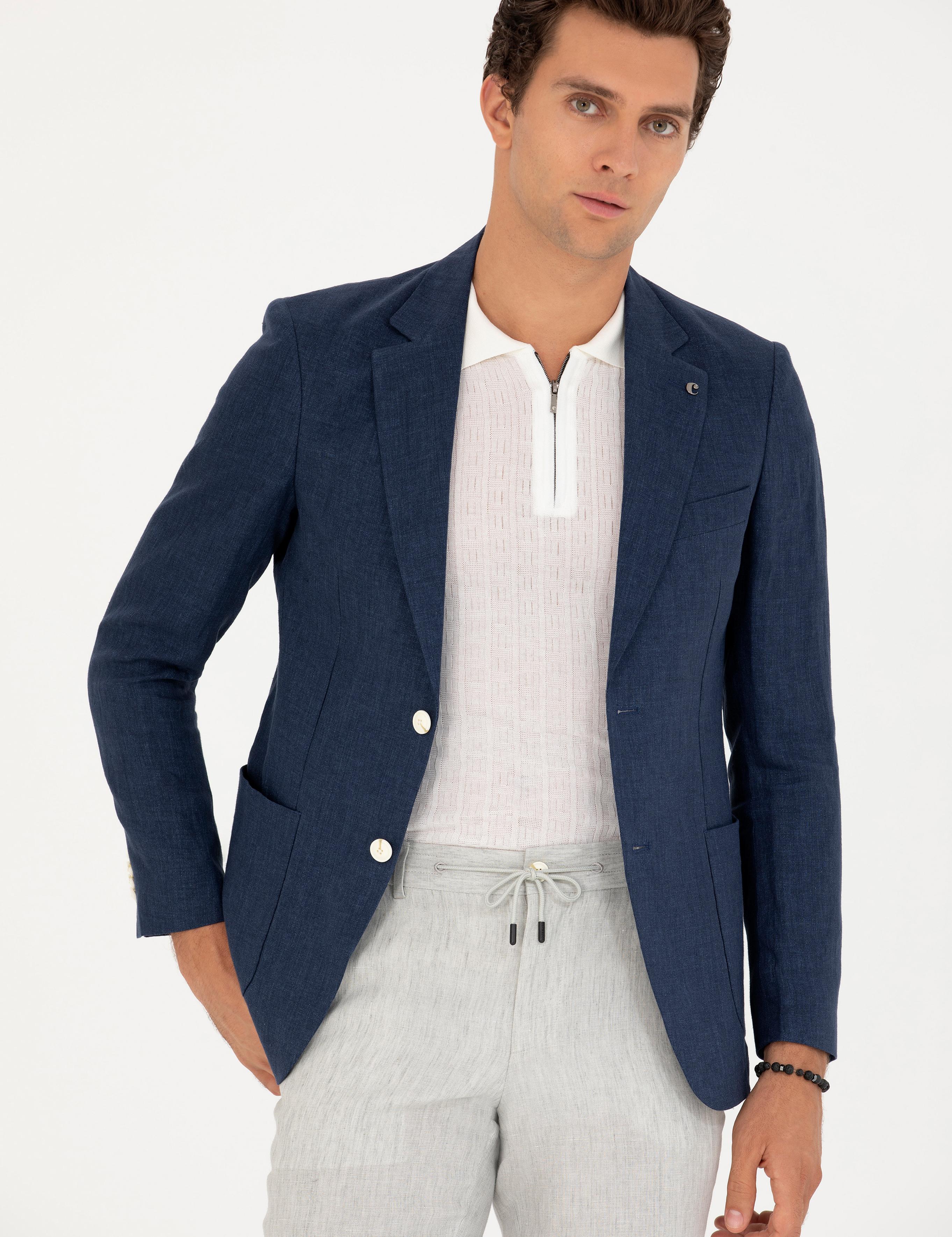 Lacivert Slim Fit %100 Keten Ceket - 50268891152