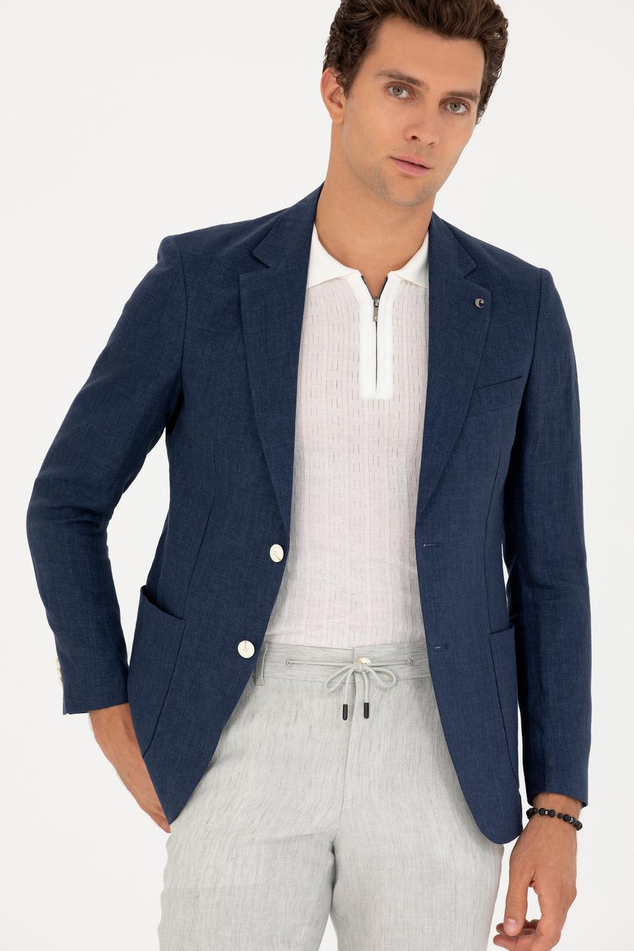 Lacivert Slim Fit %100 Keten Ceket - 50268891152