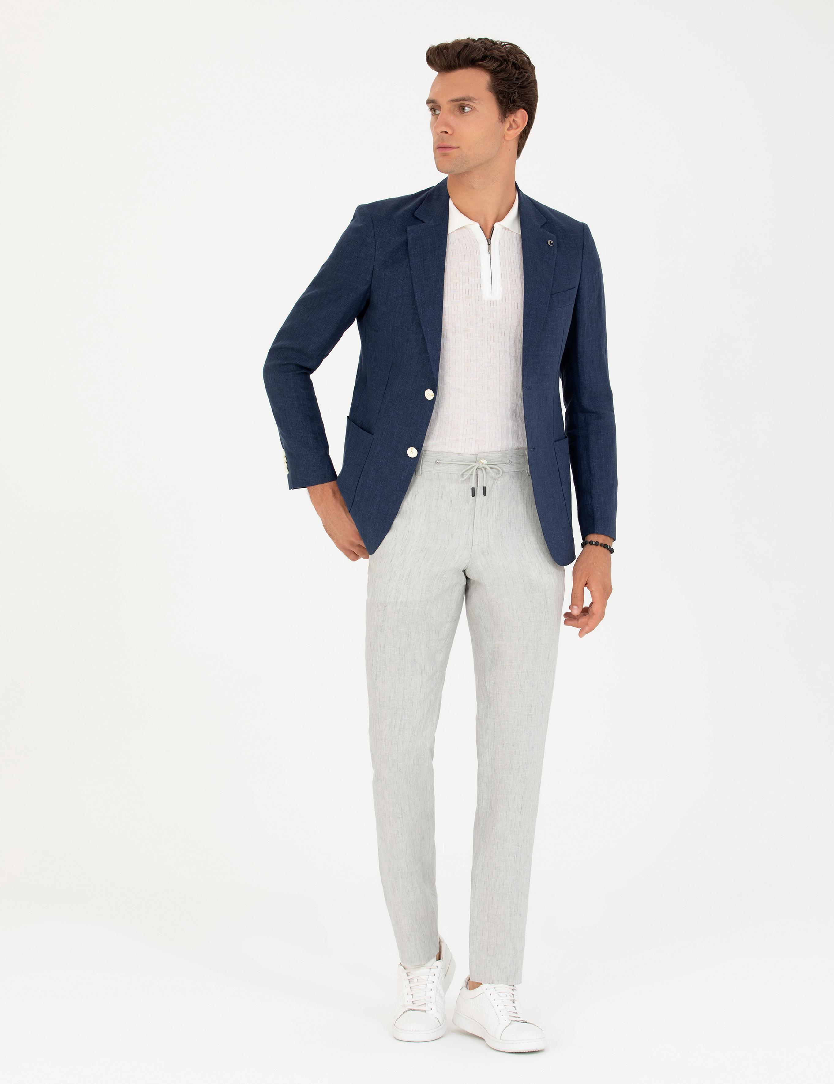 Lacivert Slim Fit %100 Keten Ceket - 50268891152