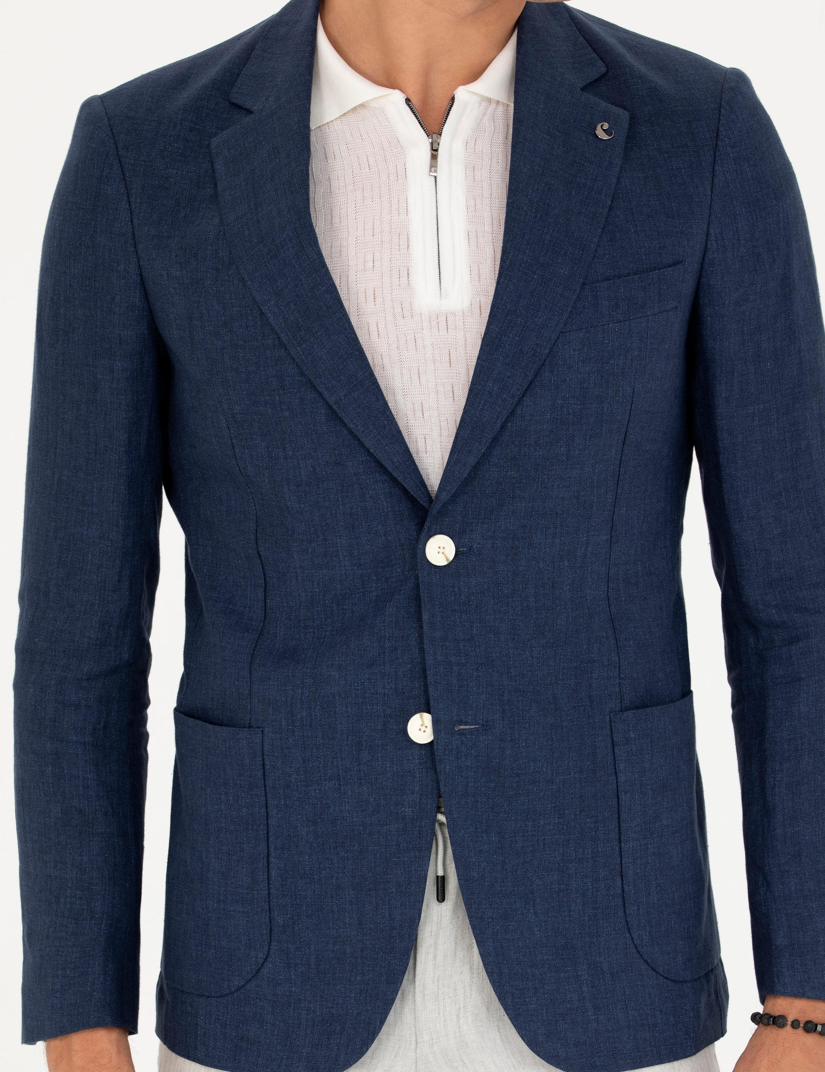 Lacivert Slim Fit %100 Keten Ceket - 50268891152