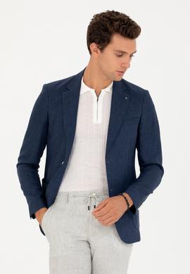 Lacivert Slim Fit %100 Keten Ceket