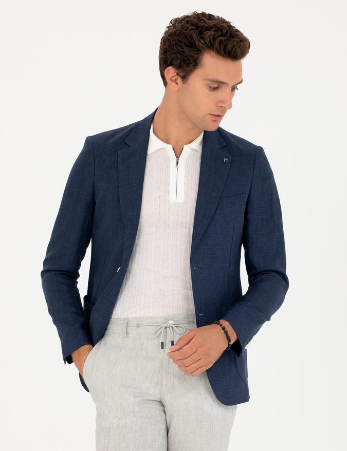 Lacivert Slim Fit %100 Keten Ceket