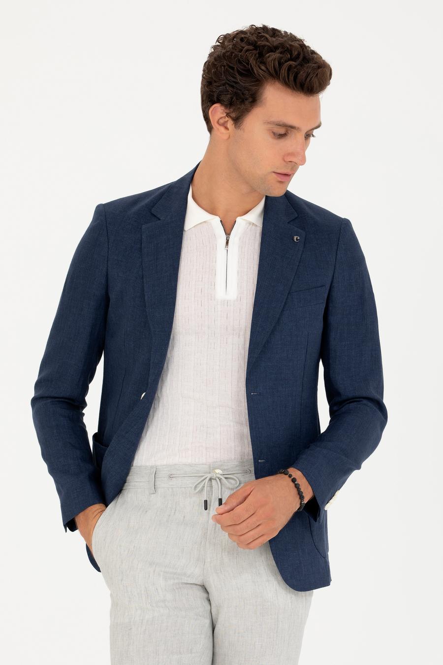 Lacivert Slim Fit %100 Keten Ceket - 50268891152