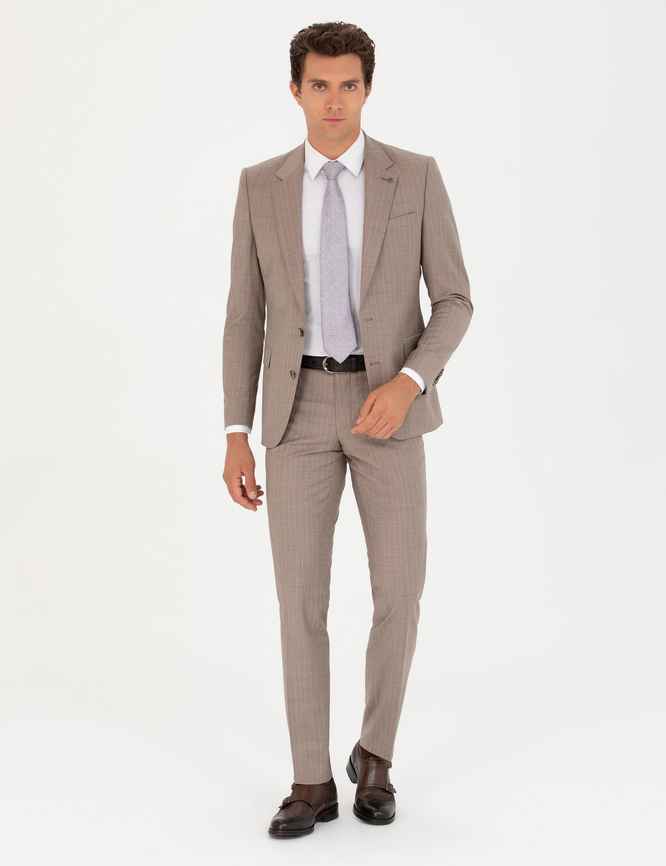 Vizon Slim Fit Yün Karışımlı Kırlangıç Yaka Çizgili Takım Elbise - 50265092071