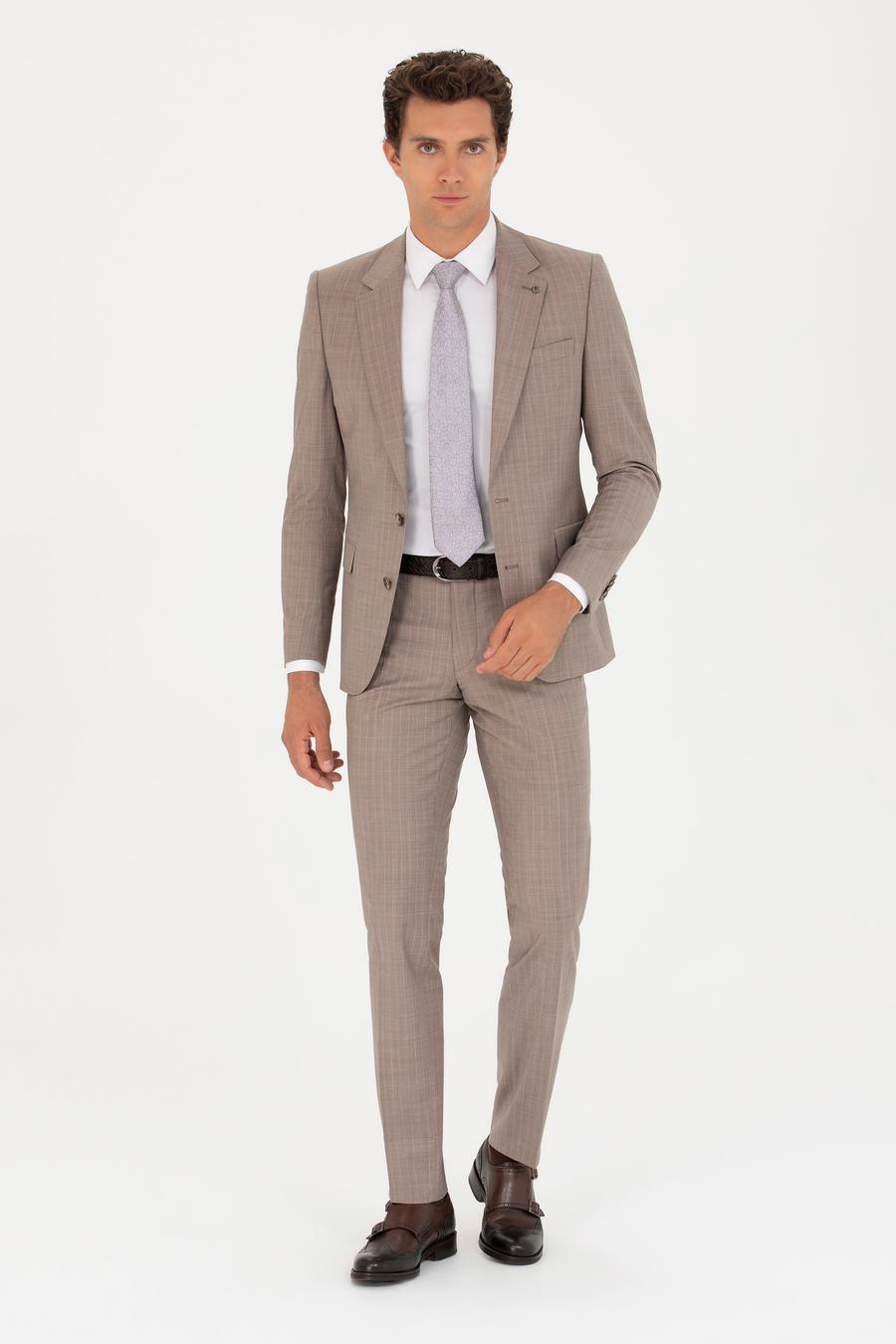 Vizon Slim Fit Yün Karışımlı Kırlangıç Yaka Çizgili Takım Elbise - 50265092071