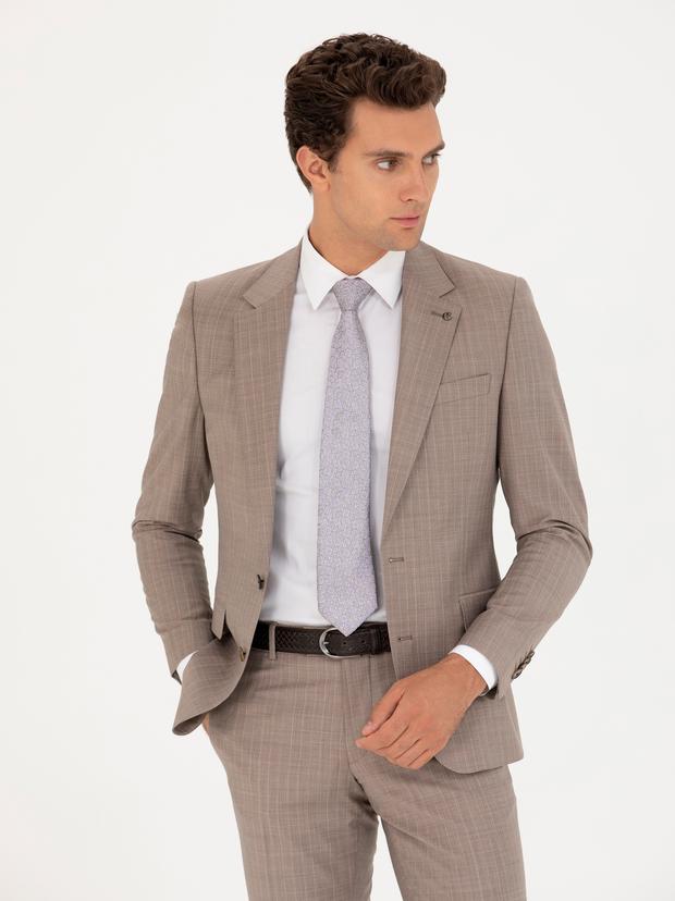 Vizon Slim Fit Yün Karışımlı Kırlangıç Yaka Çizgili Takım Elbise