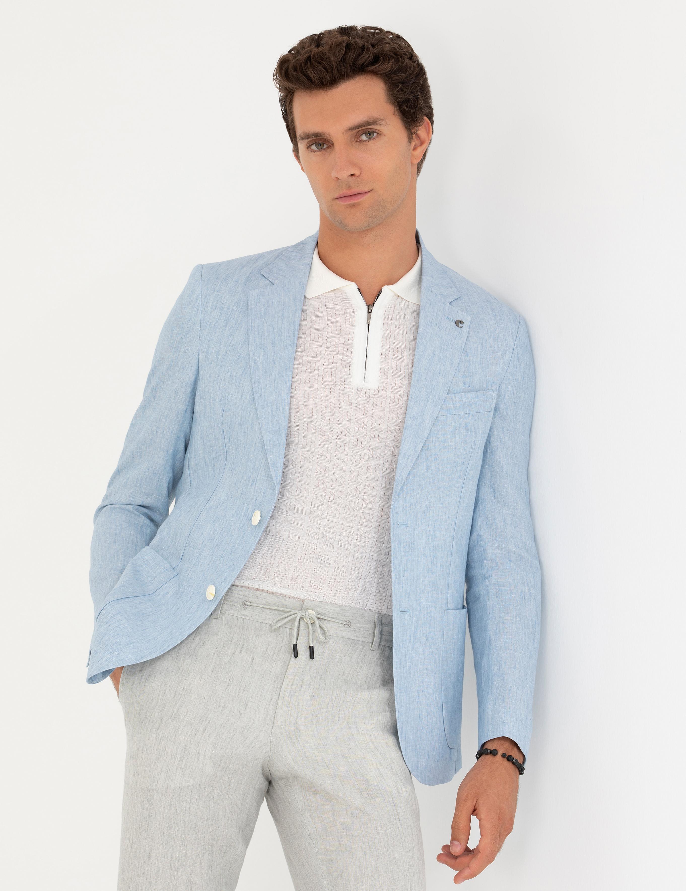 Açık Mavi Slim Fit %100 Keten Ceket - 50268891119