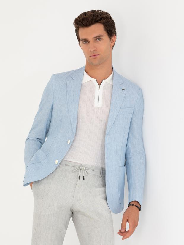 Açık Mavi Slim Fit %100 Keten Ceket